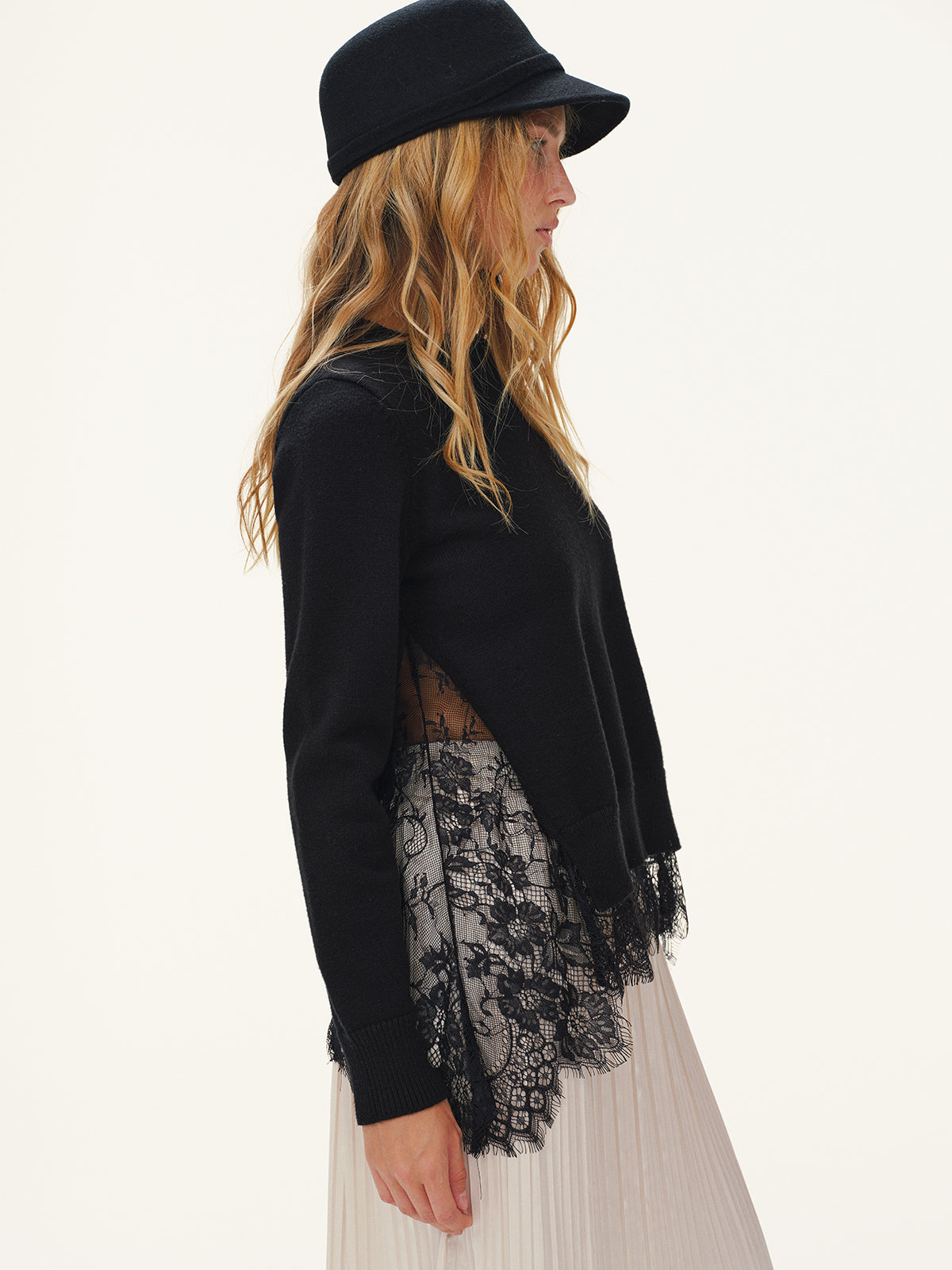 Lace Panel Knitted Sweater for Women Casual Fit