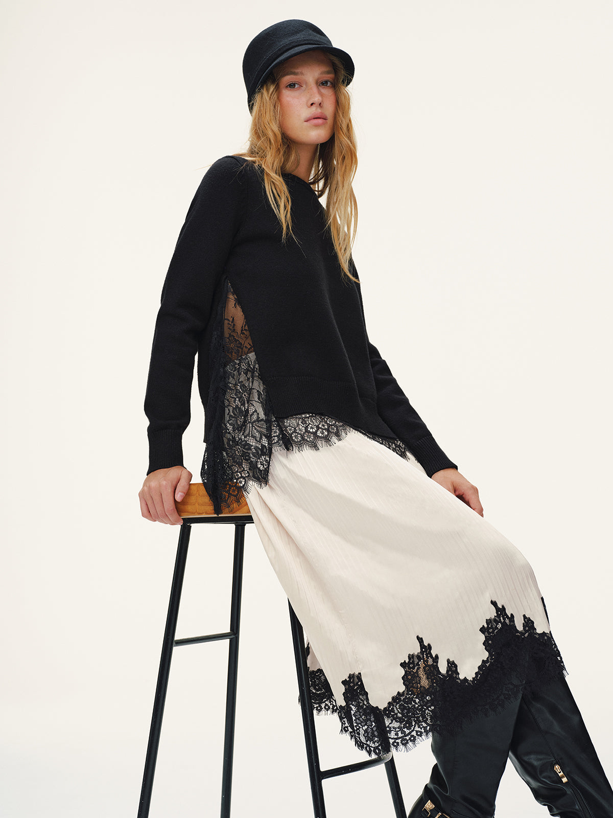 Lace Panel Knitted Sweater for Women Casual Fit