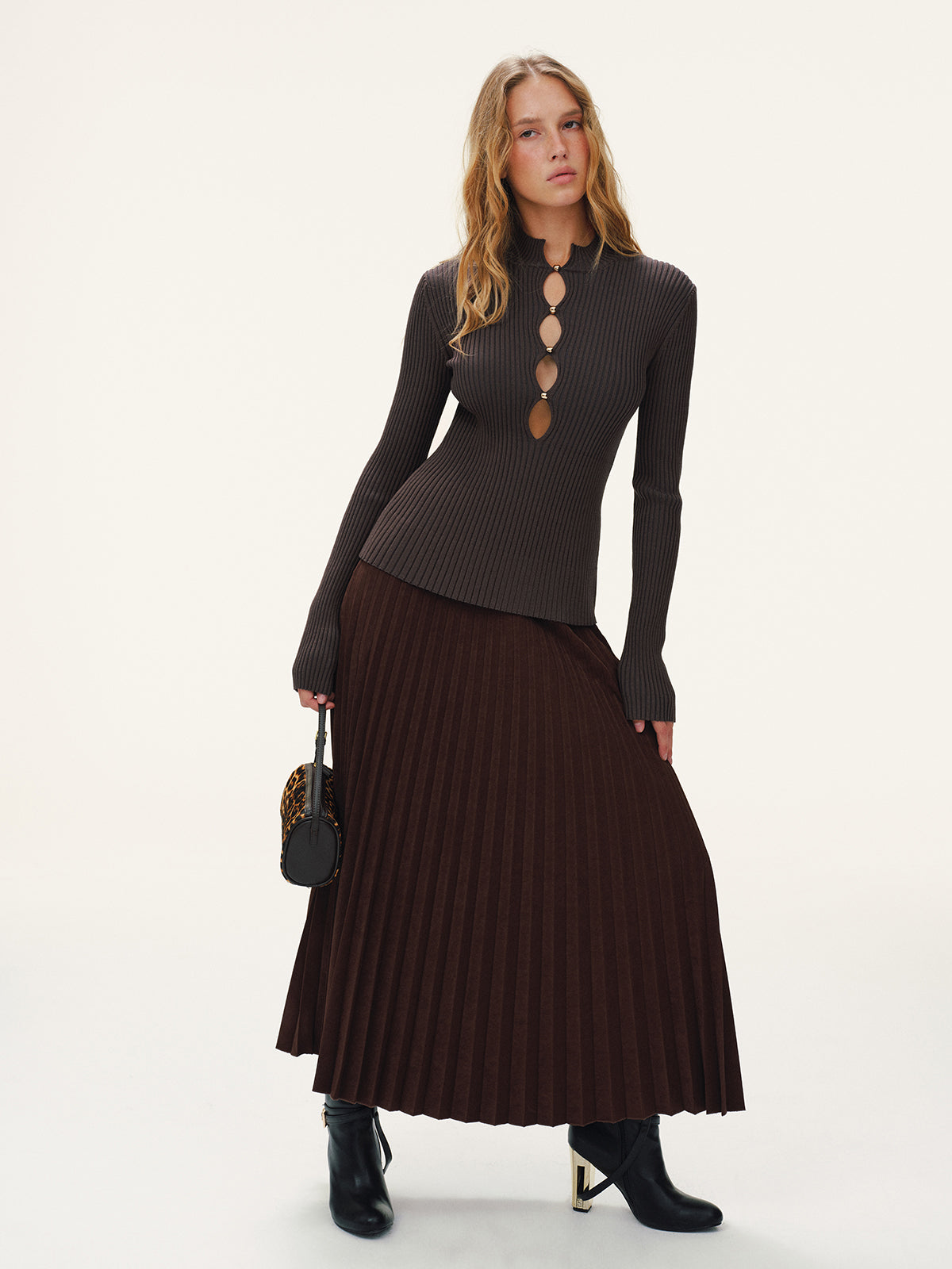Metal Detail Cut-Out Mock Neck Long Sleeve Slim Fit Sweater for Women