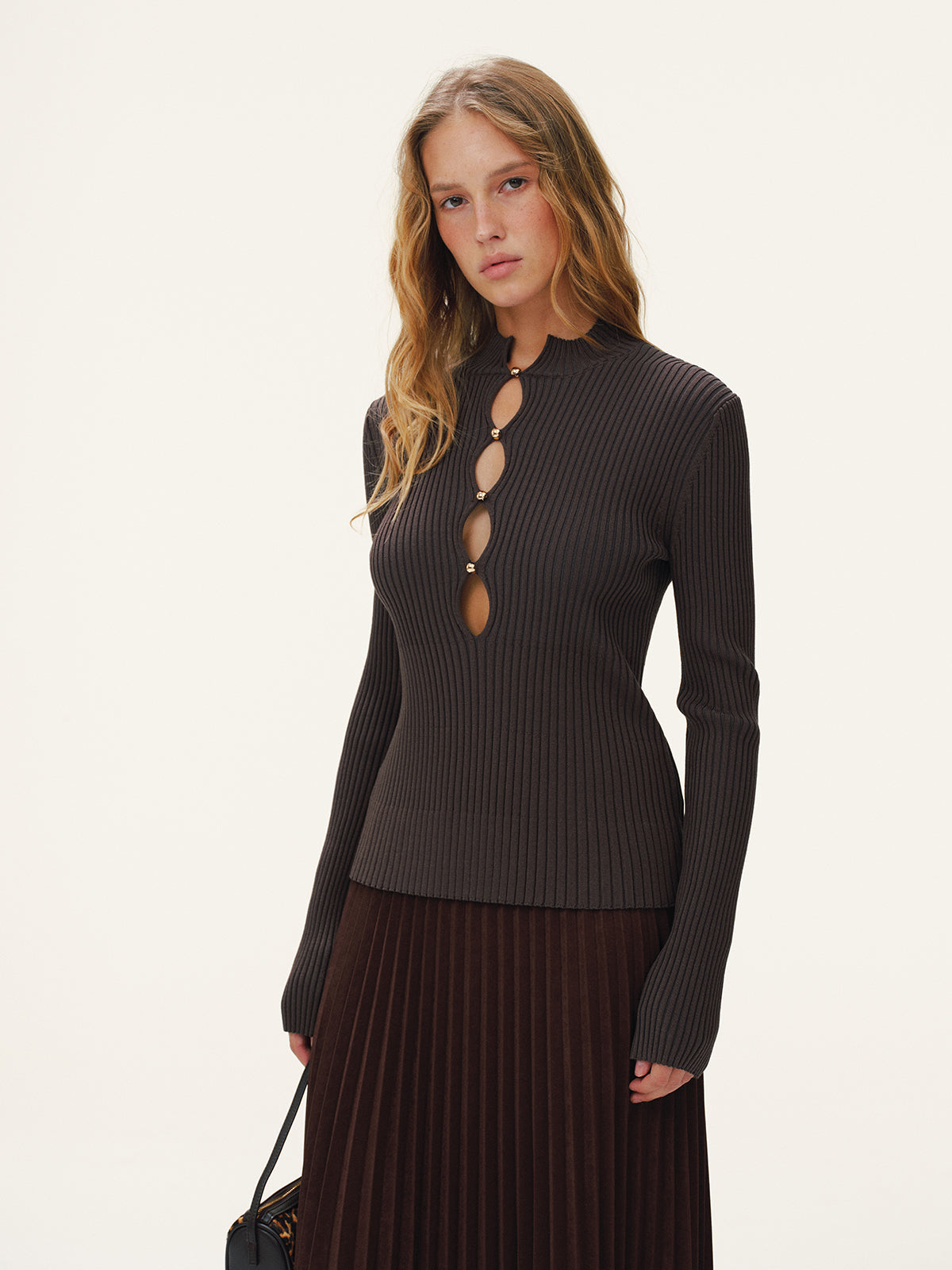 Metal Detail Cut-Out Mock Neck Long Sleeve Slim Fit Sweater for Women