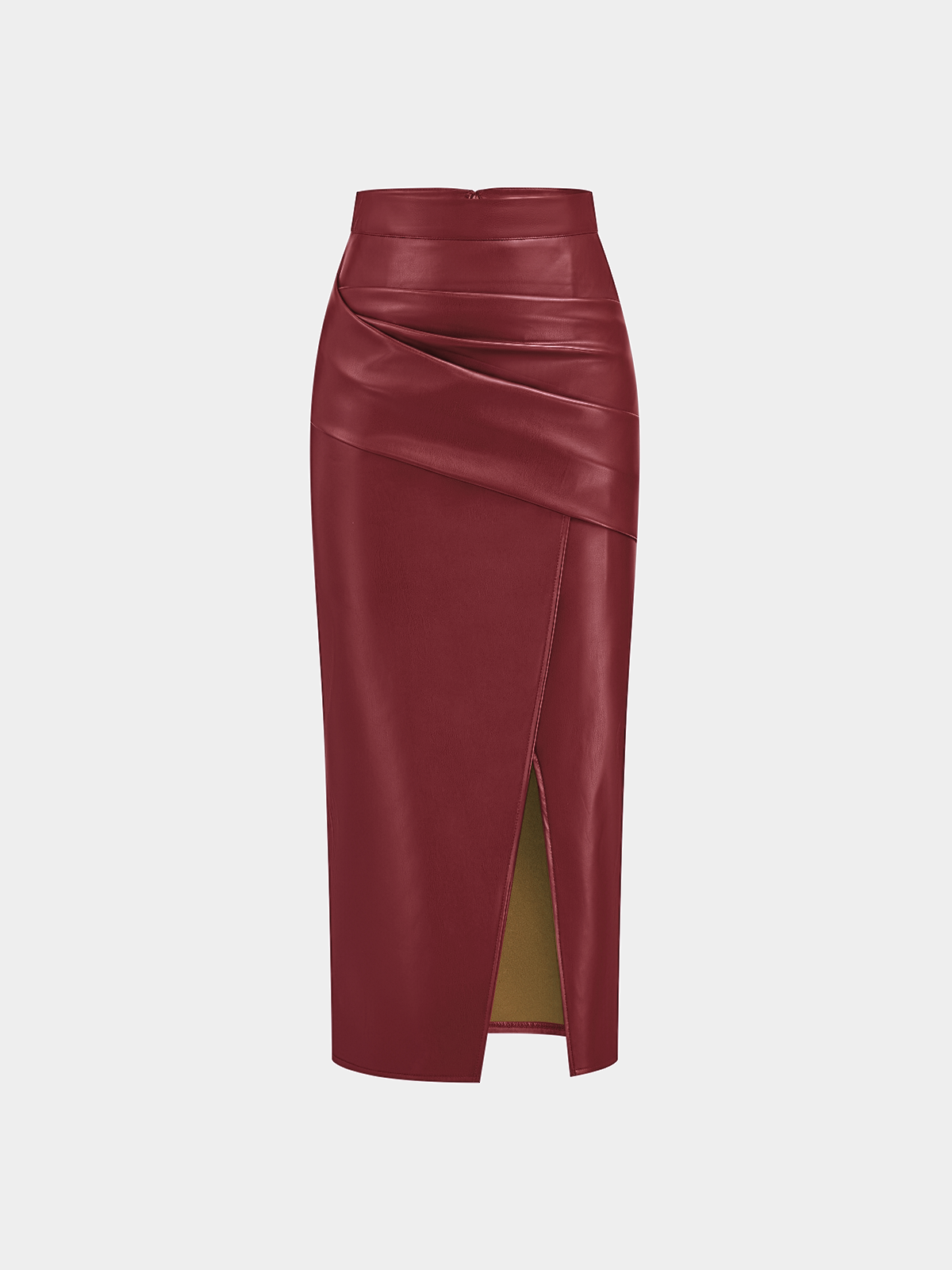 Ruched Slit PU Leather Midi Skirt High Waist Fashionable Style
