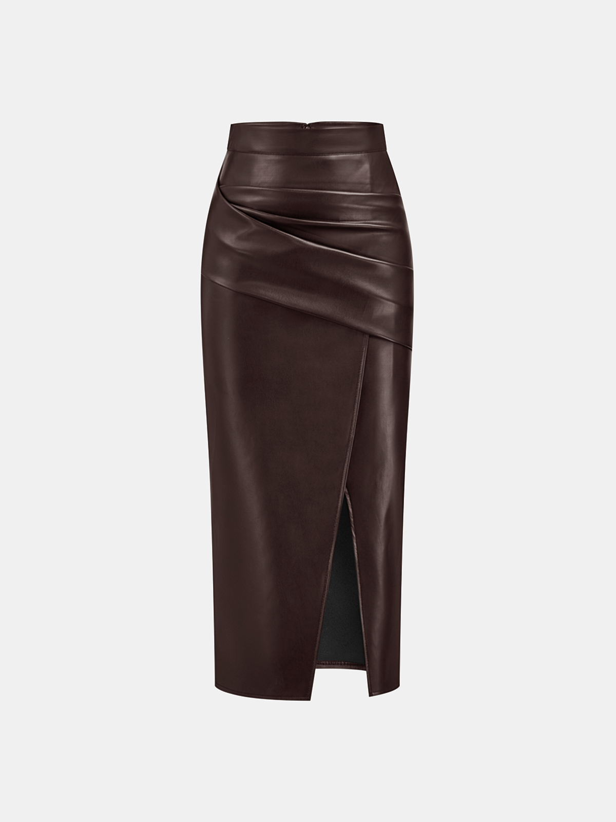 Ruched Slit PU Leather Midi Skirt High Waist Fashionable Style