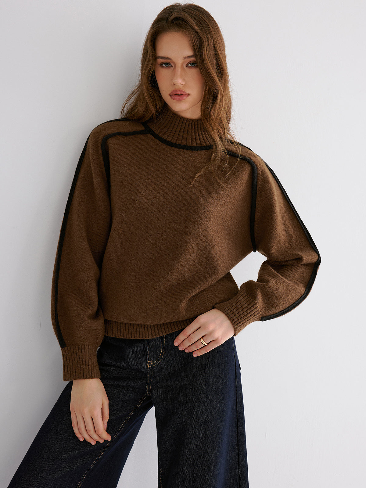 Knit Contrast Binding High Neck Sweater with Cozy Cotton Blend
