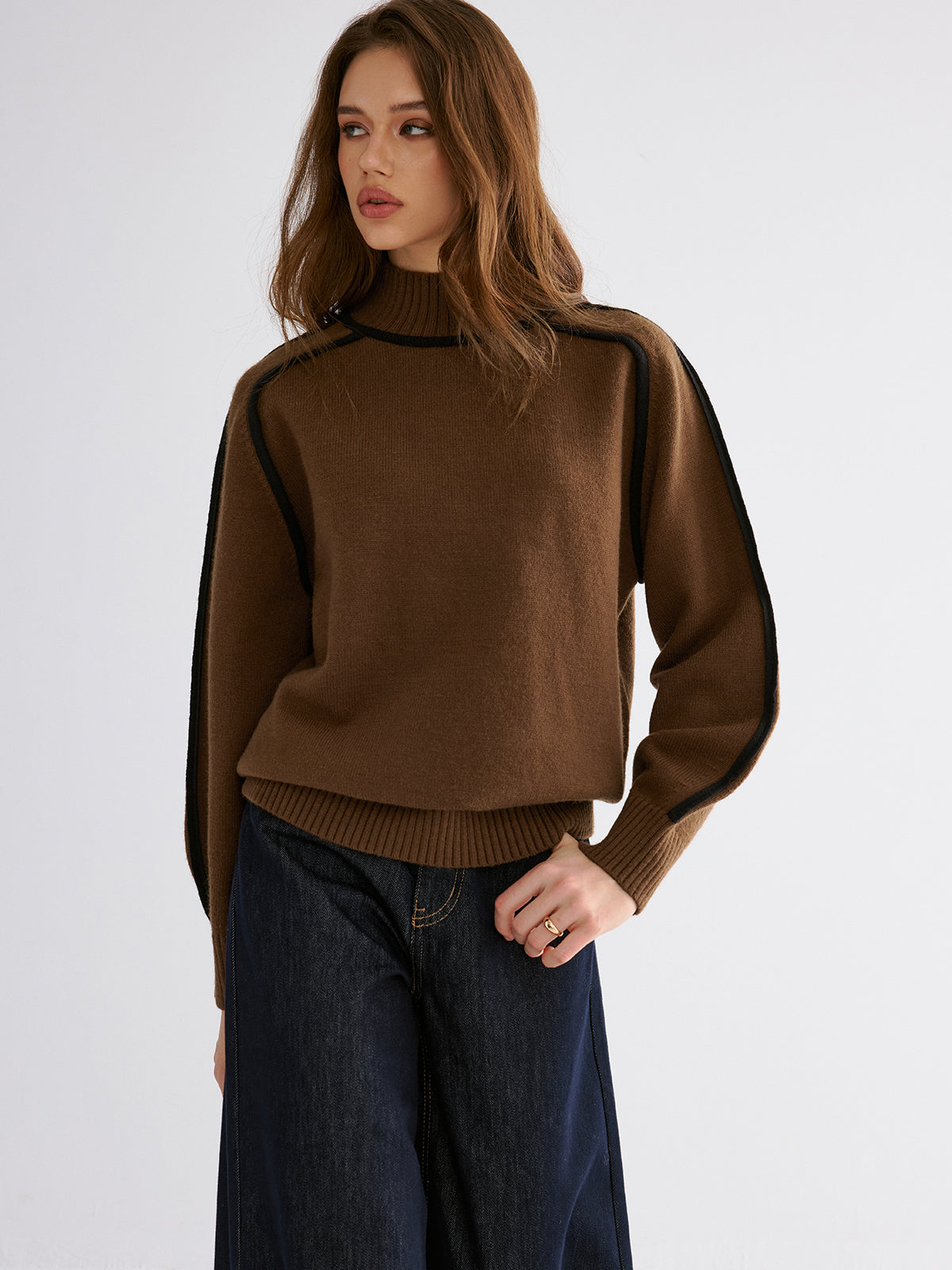 Knit Contrast Binding High Neck Sweater with Cozy Cotton Blend