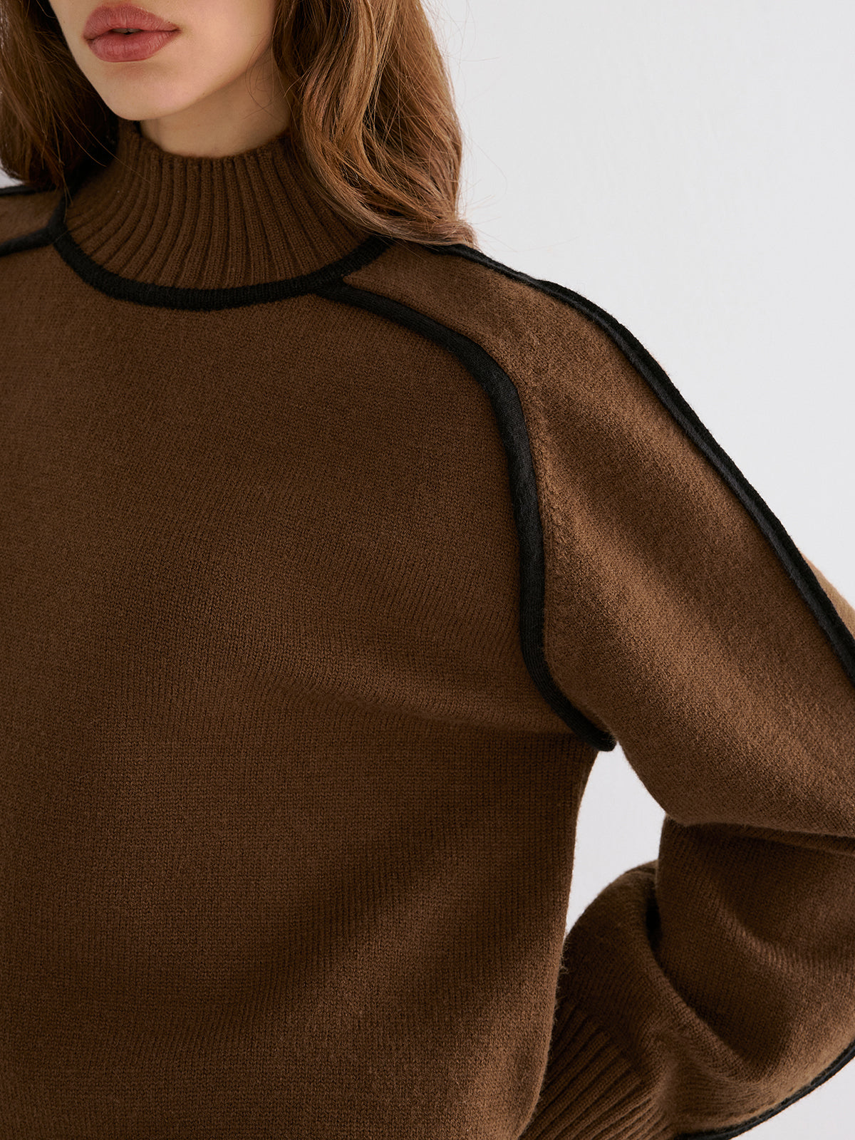 Knit Contrast Binding High Neck Sweater with Cozy Cotton Blend