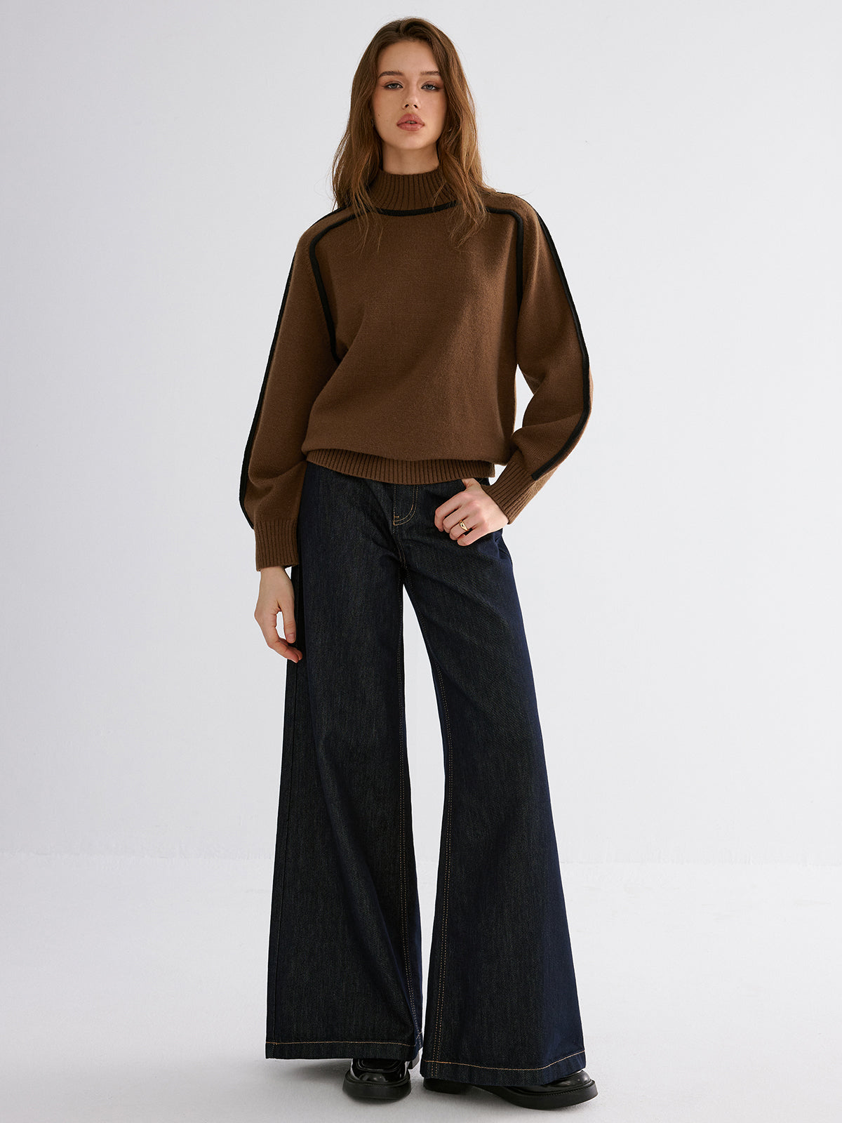 Knit Contrast Binding High Neck Sweater with Cozy Cotton Blend