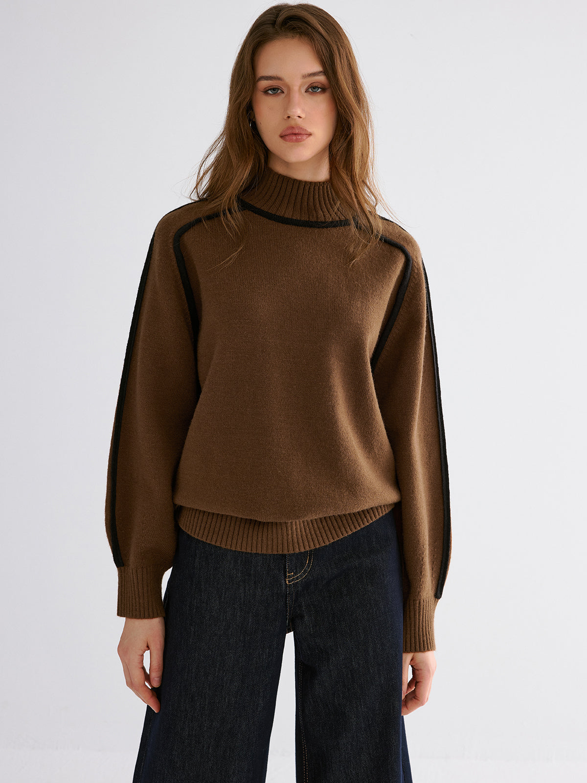 Knit Contrast Binding High Neck Sweater with Cozy Cotton Blend
