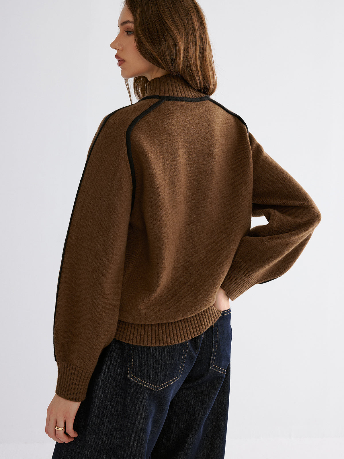 Knit Contrast Binding High Neck Sweater with Cozy Cotton Blend