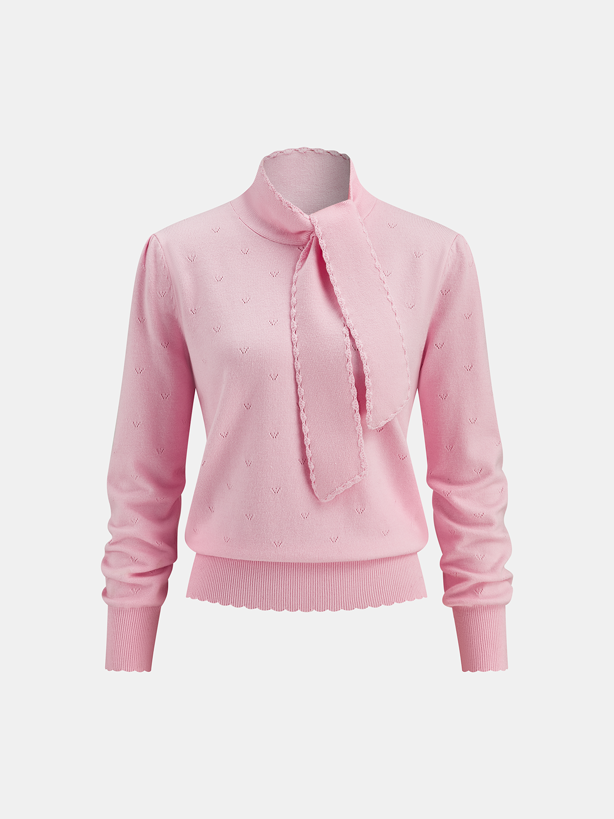 Tie Neck Eyelet Knit Sweater Women's Fashionable Casual Top