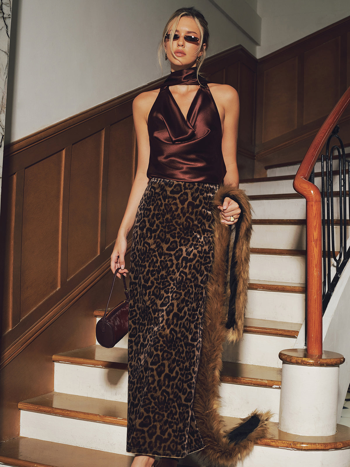 Leopard Print Velvet Mermaid Hem Maxi Skirt for Evening Wear