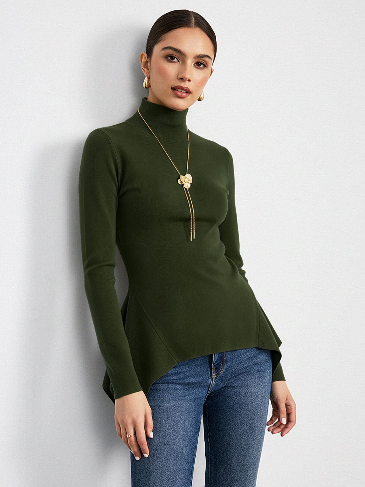 Turtleneck Asymmetric Peplum Sweater for Women, Elegant Winter Knitwear