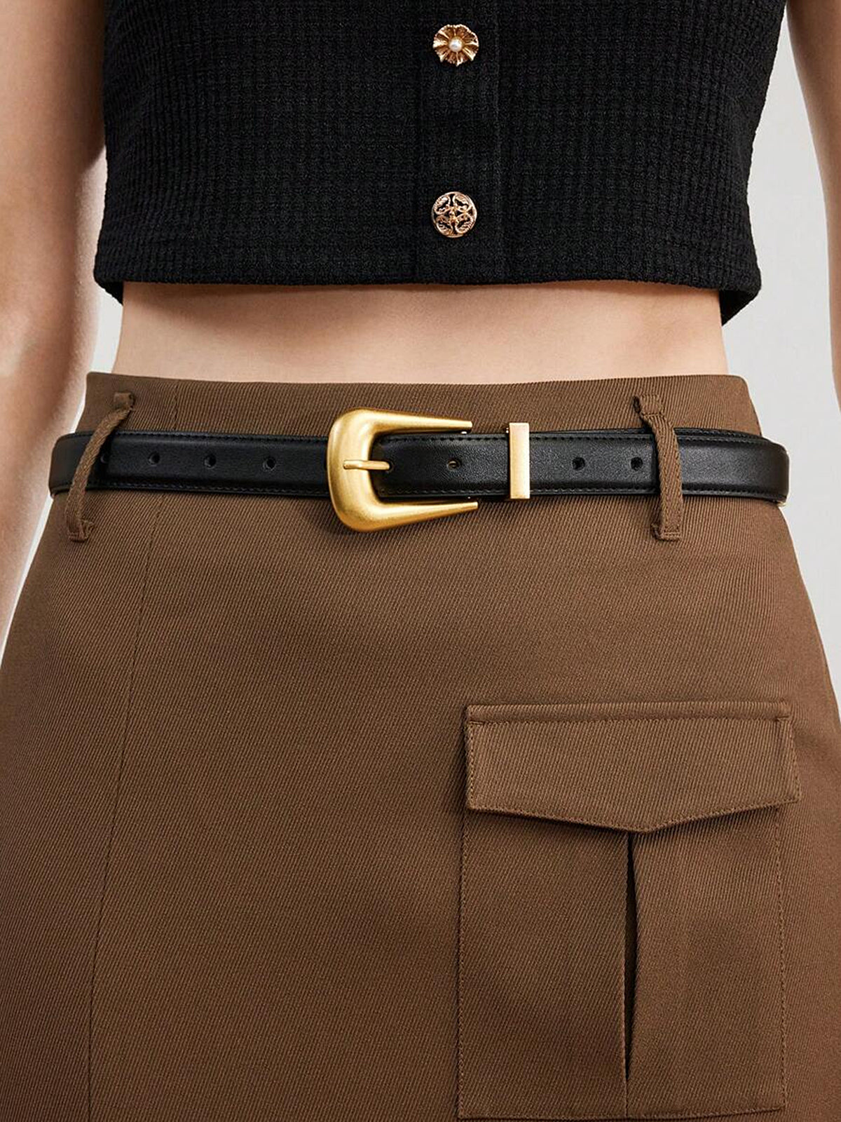 Golden Buckle Leather Belt for Men and Women, Adjustable Fit