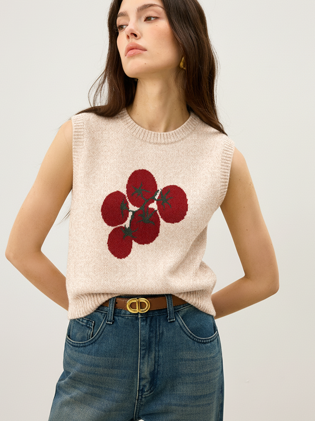 Tomato Patterned Wool Blend Knit Vest for Layering All Seasons