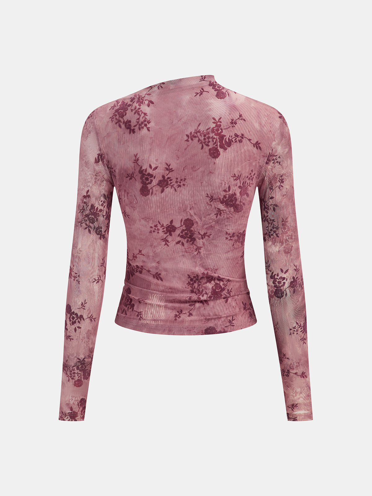 Rose Floral Mesh Ruched Top with Long Sleeves and V-neck