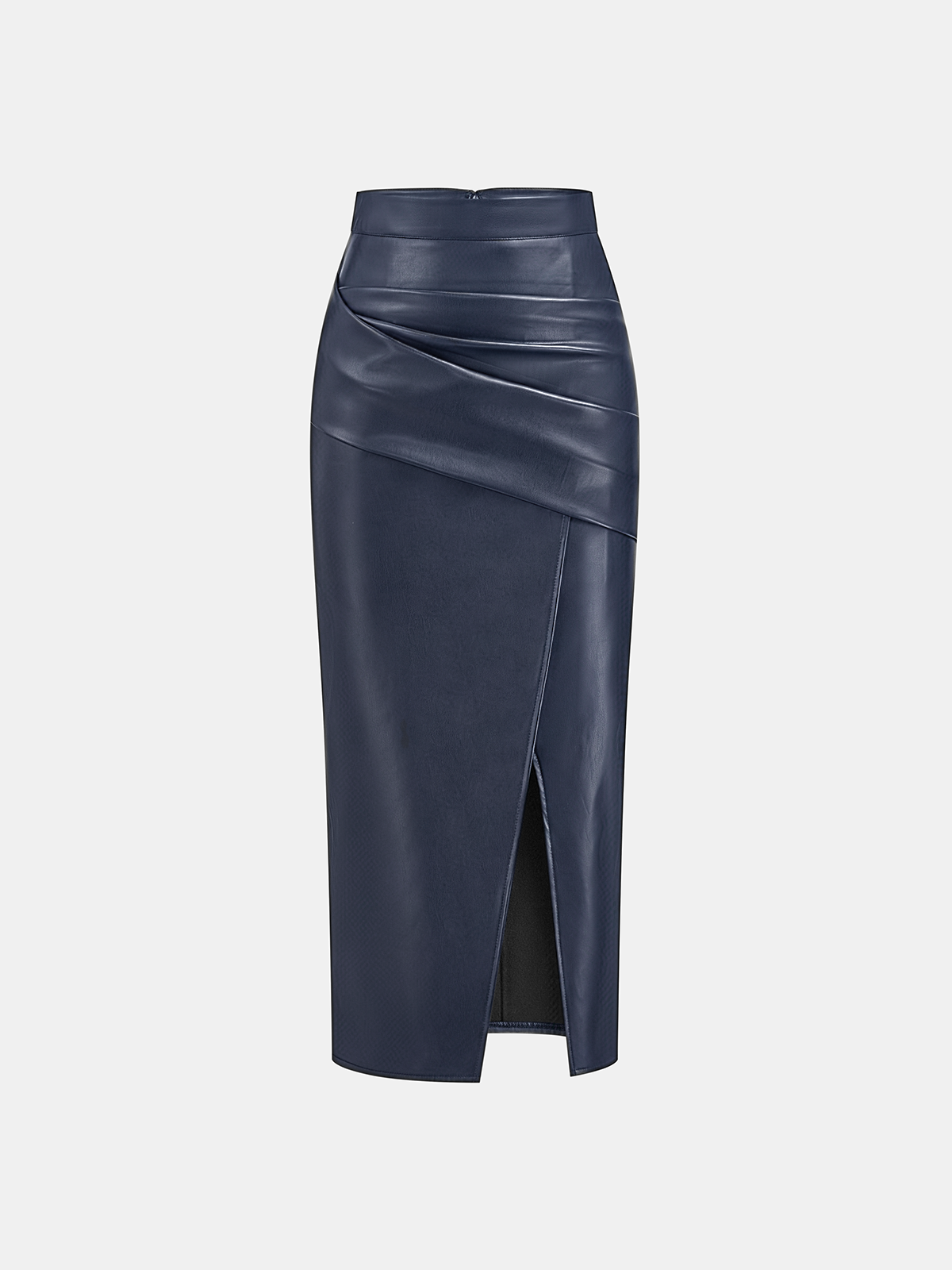 Ruched Slit PU Leather Midi Skirt High Waist Fashionable Style