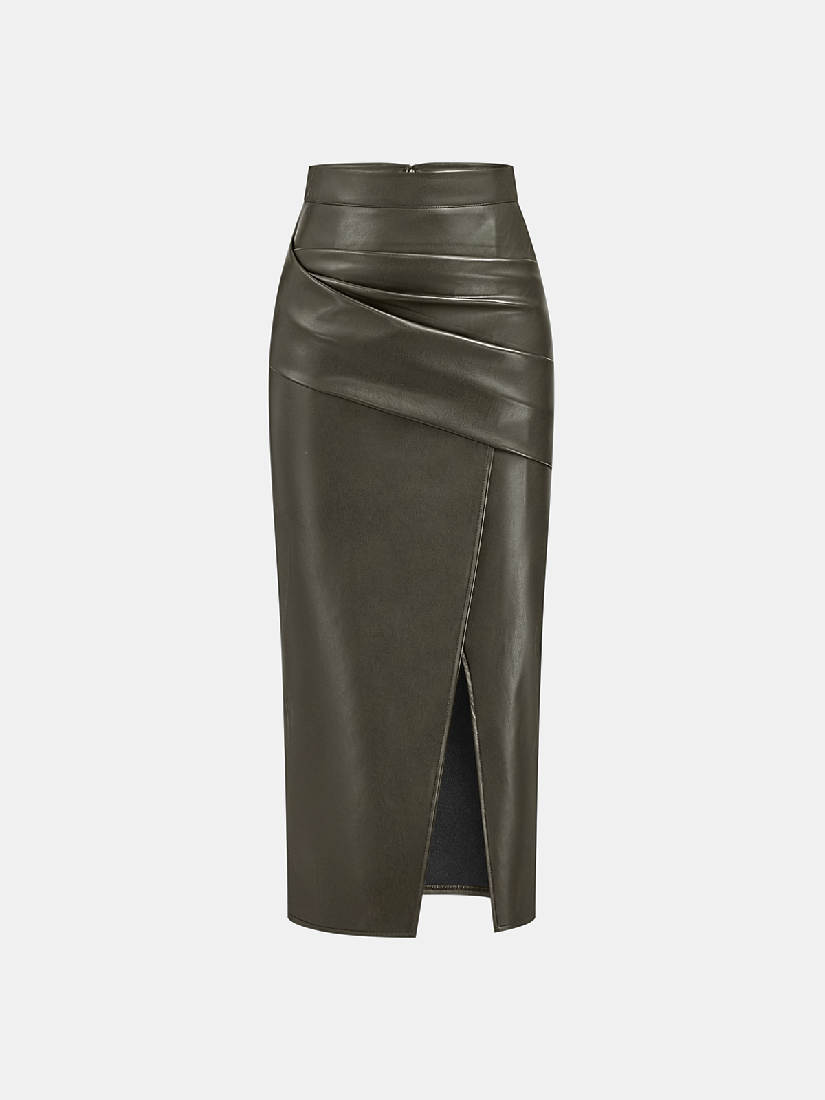 Ruched Slit PU Leather Midi Skirt High Waist Fashionable Style