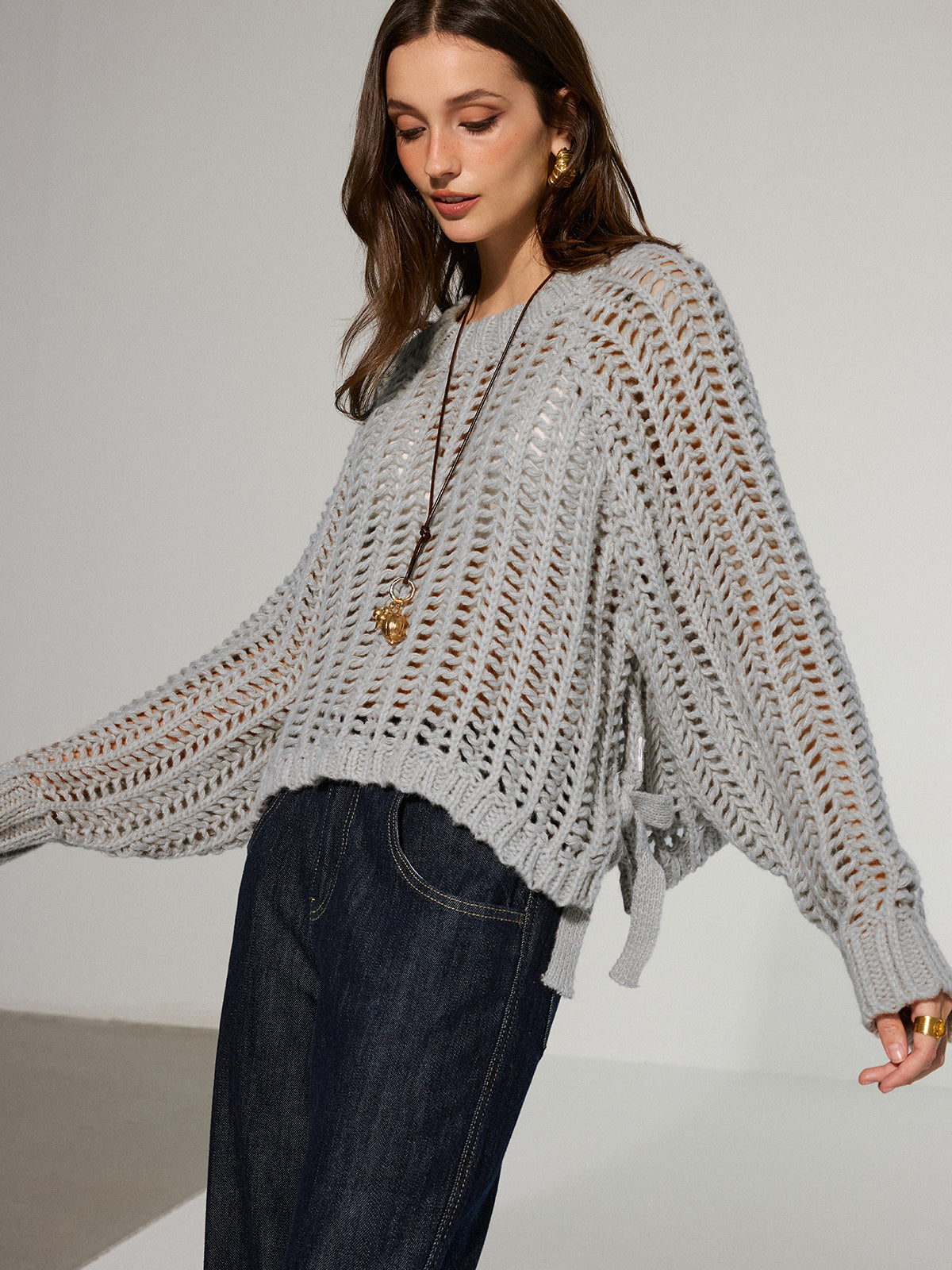 Side Tie Oversized Open-Knit Sweater - Cozy Casual Pullover Design