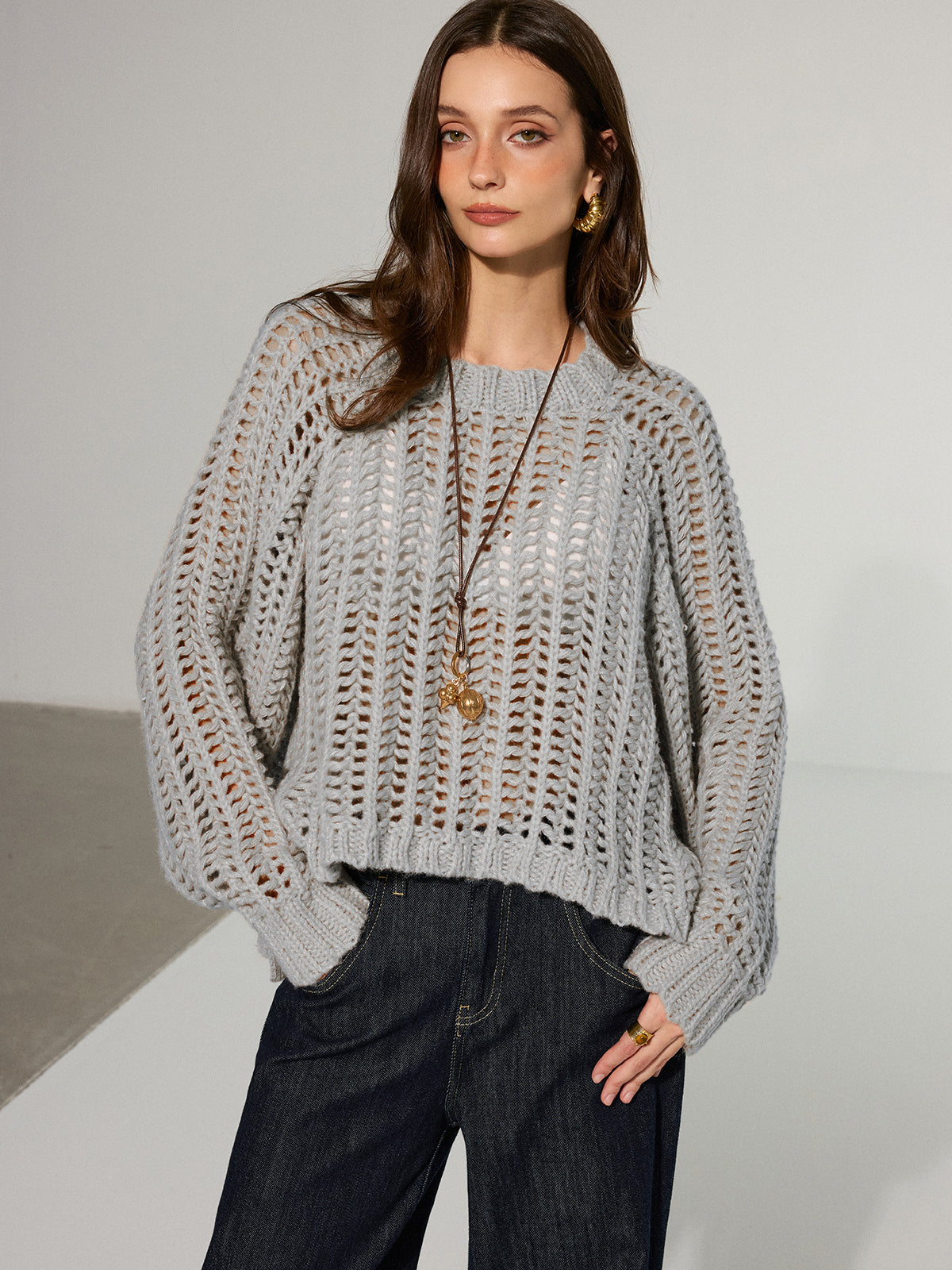 Side Tie Oversized Open-Knit Sweater - Cozy Casual Pullover Design