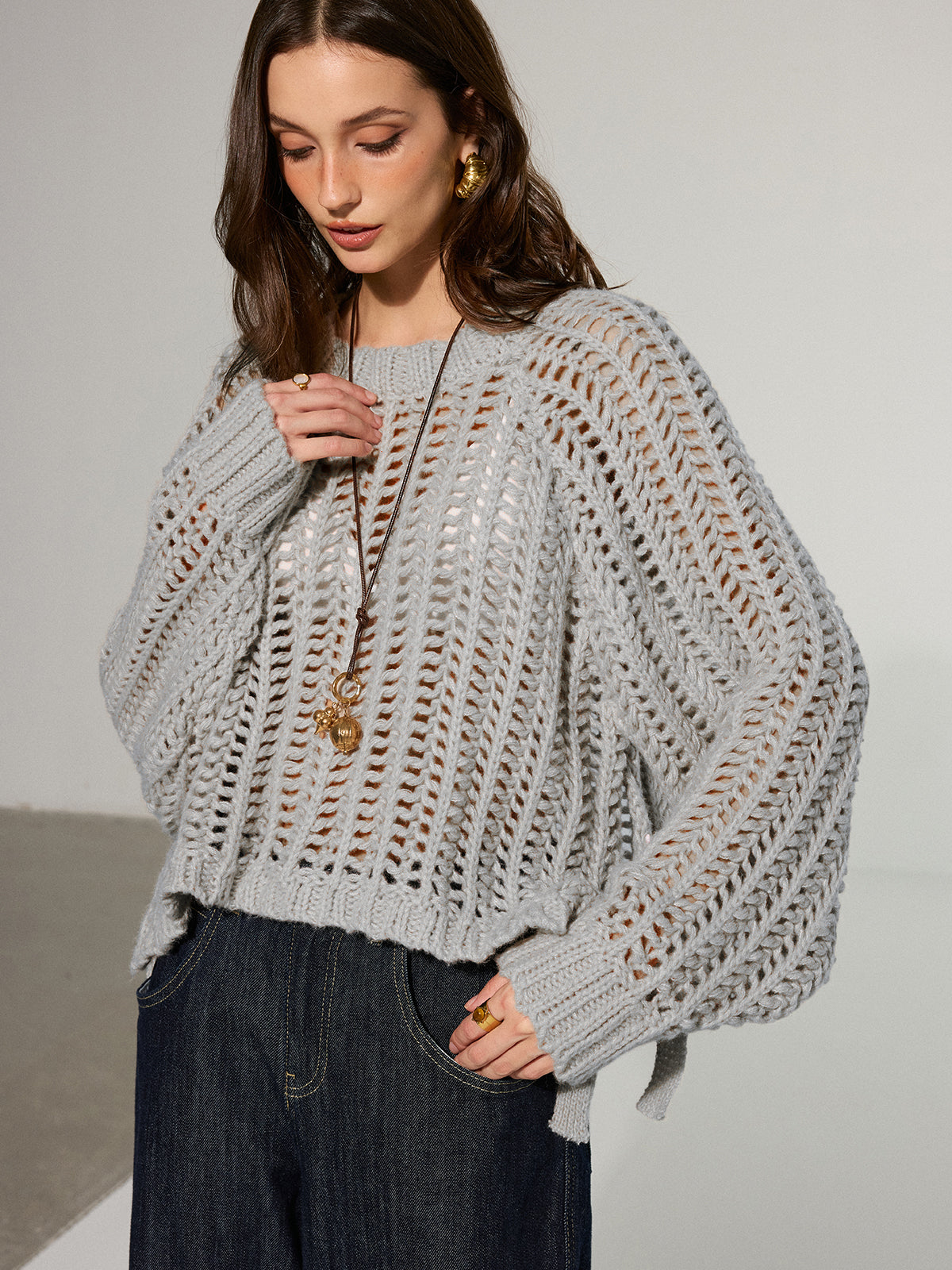 Side Tie Oversized Open-Knit Sweater - Cozy Casual Pullover Design