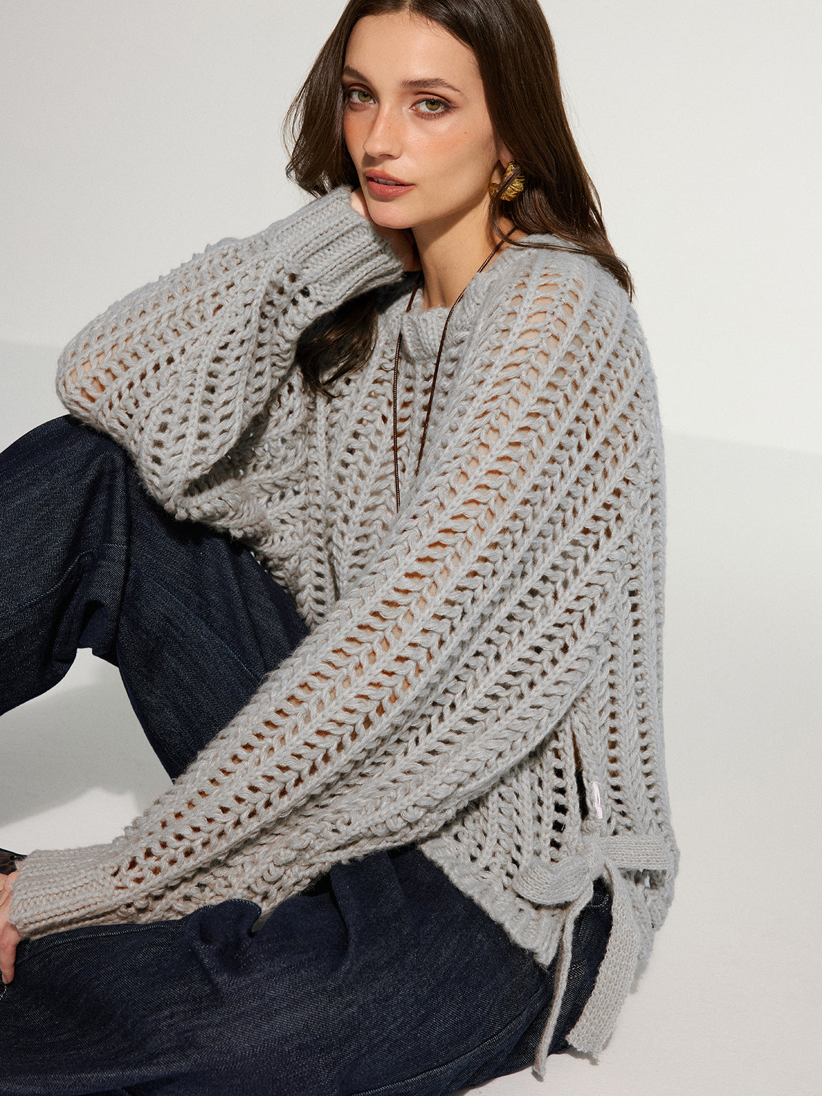 Side Tie Oversized Open-Knit Sweater - Cozy Casual Pullover Design