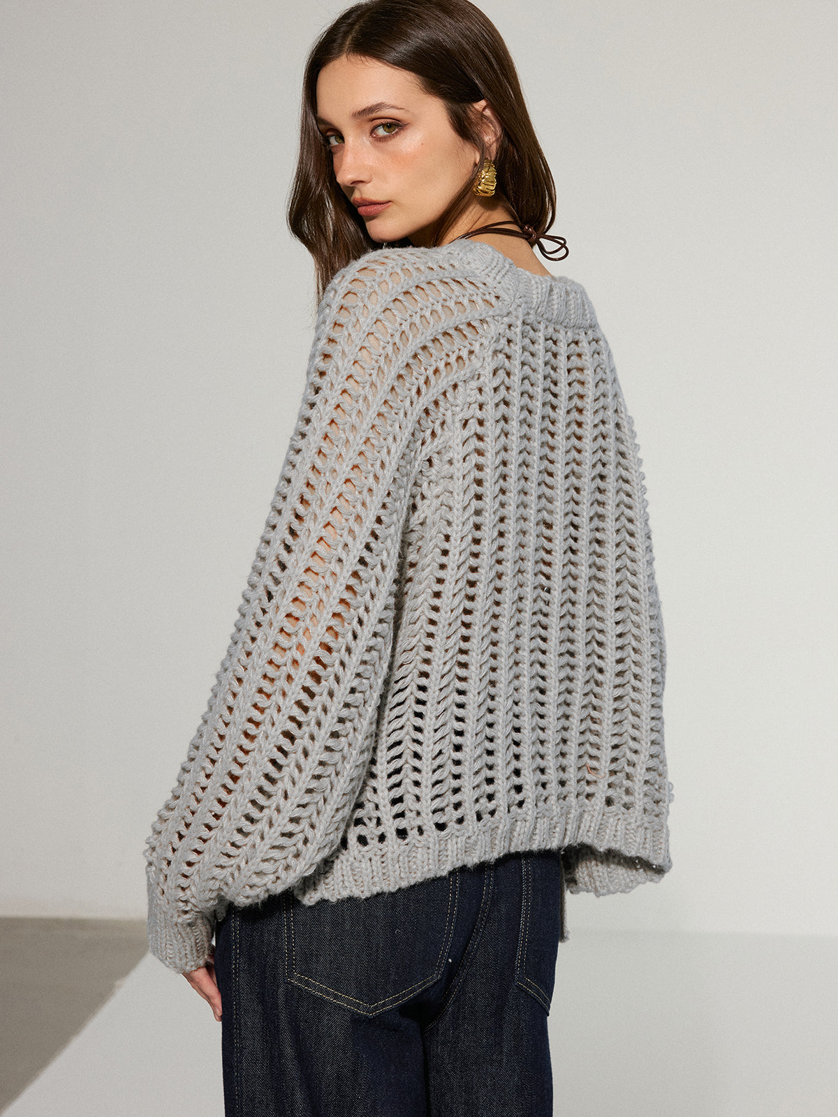 Side Tie Oversized Open-Knit Sweater - Cozy Casual Pullover Design