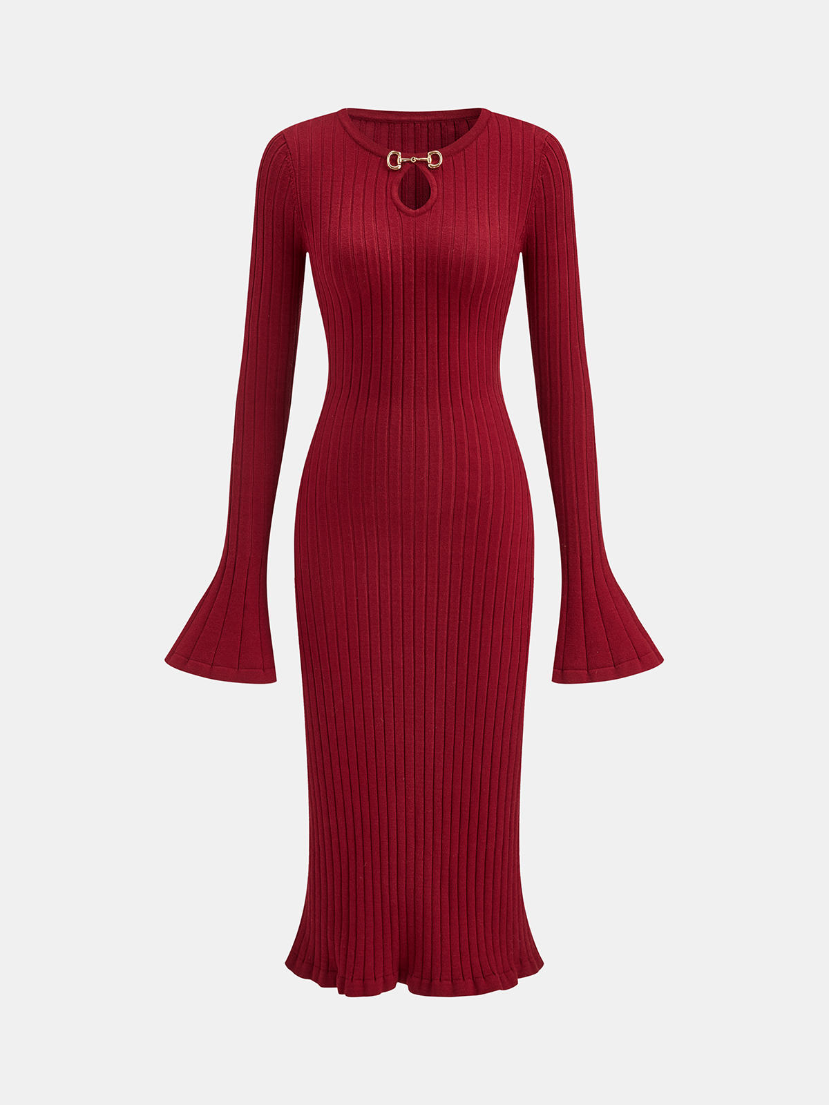 Bell Sleeve Mermaid Hem Horsebit Knit Midi Dress - Elegant Evening Wear