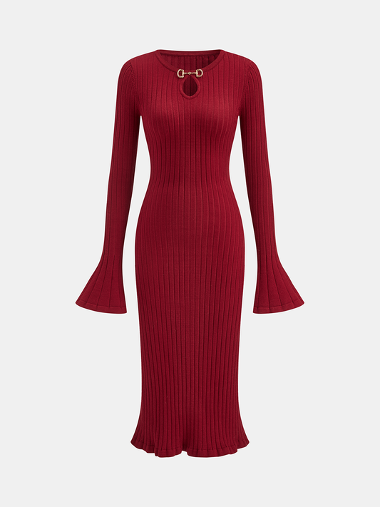 Bell Sleeve Mermaid Hem Horsebit Knit Midi Dress - Elegant Evening Wear