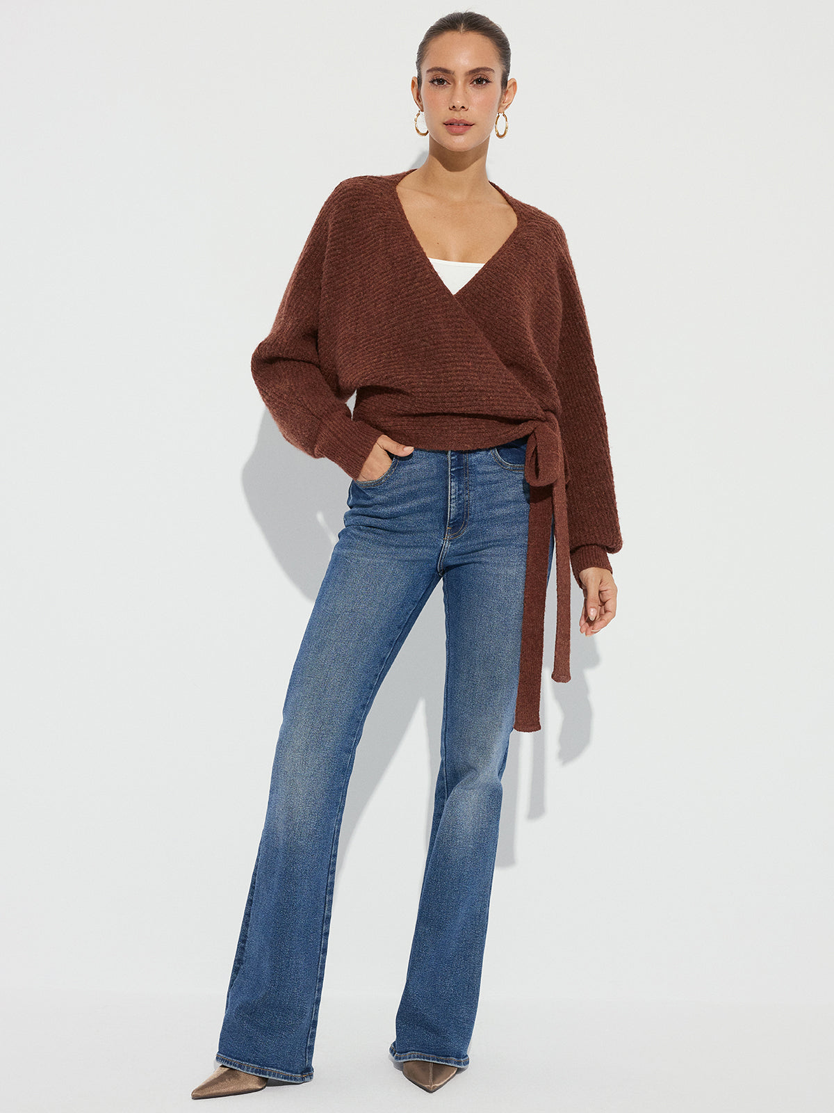 Wool Blend V-Neck Wrap Knit Top for Women, Cozy Long Sleeve