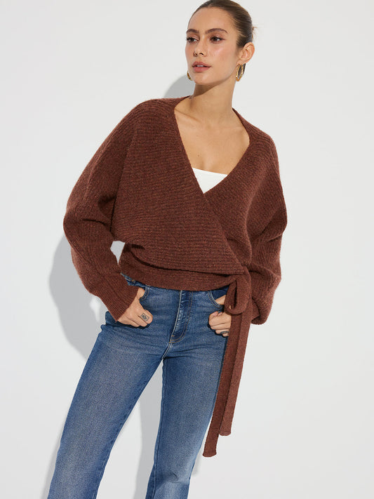 Wool Blend V-Neck Wrap Knit Top for Women, Cozy Long Sleeve