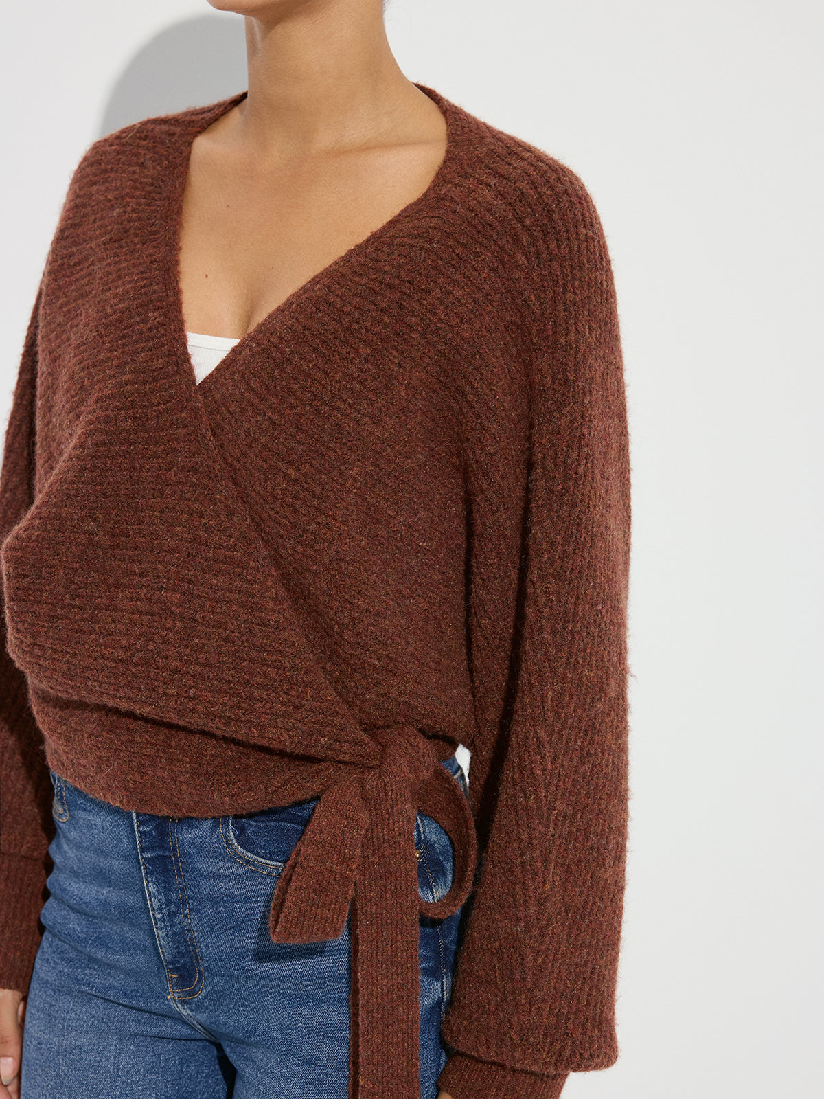 Wool Blend V-Neck Wrap Knit Top for Women, Cozy Long Sleeve