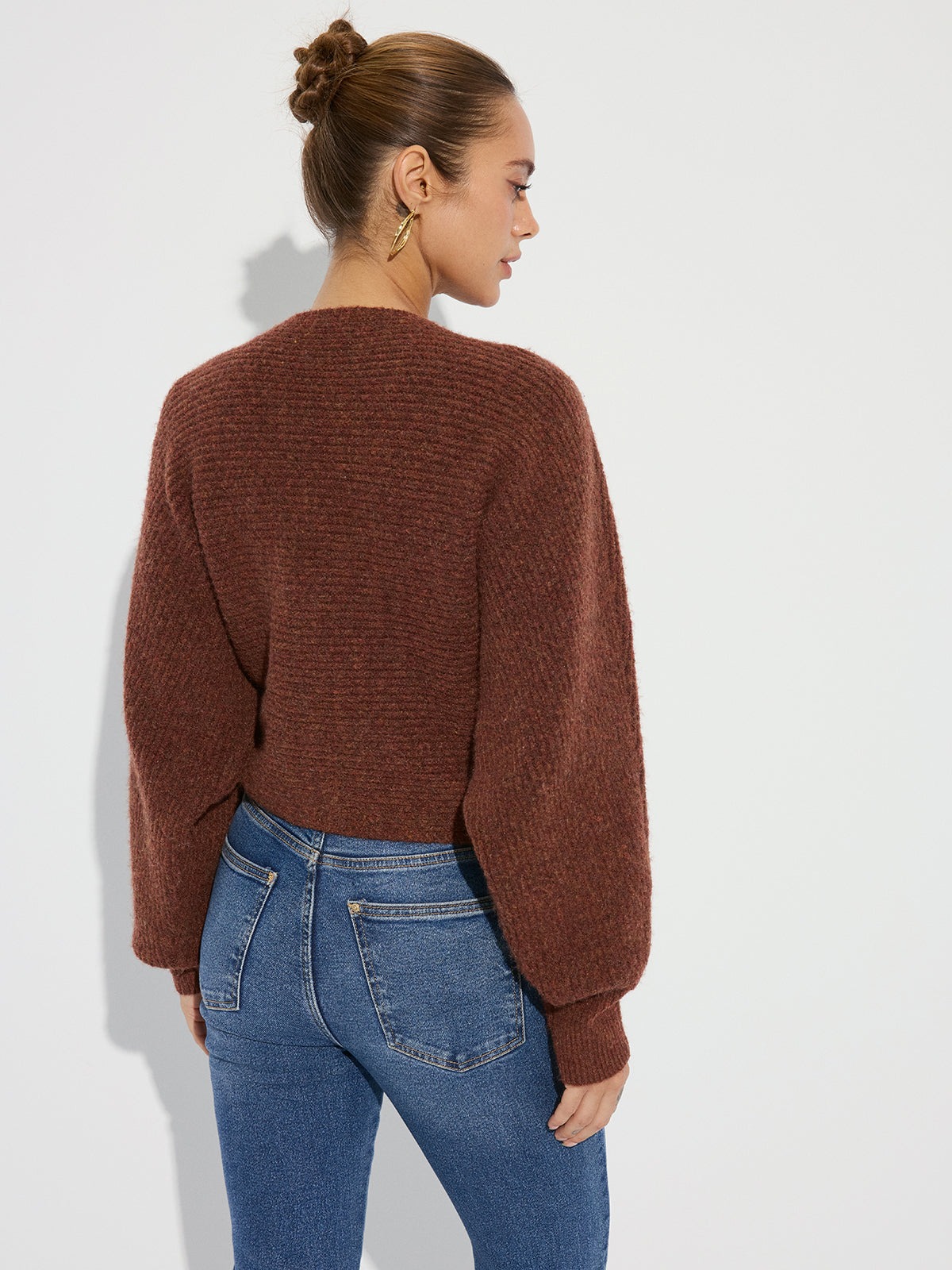Wool Blend V-Neck Wrap Knit Top for Women, Cozy Long Sleeve