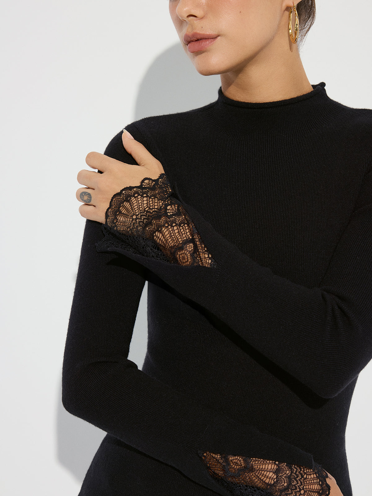 Mock Neck Lace Cuff Knit Top Cozy Long Sleeve Pullover