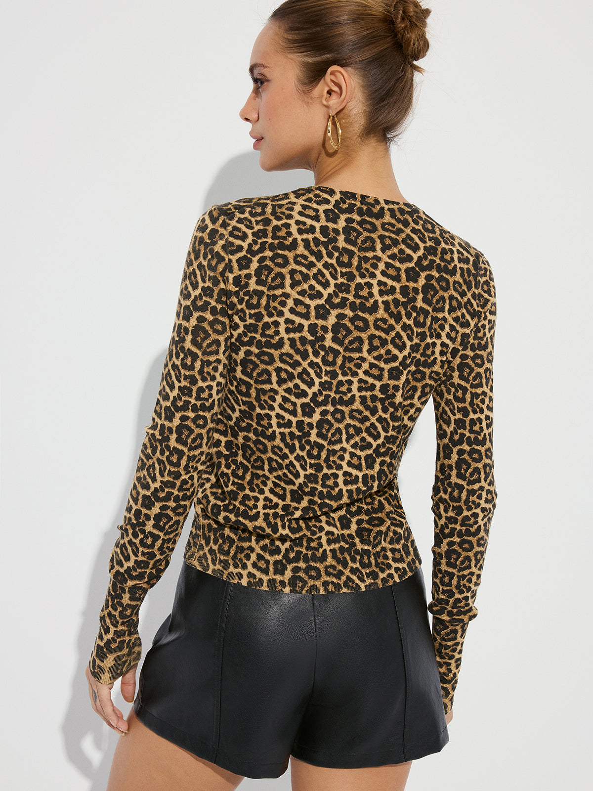 Leopard Print Long Sleeve Knit Cardigan with Pockets and Button Closure