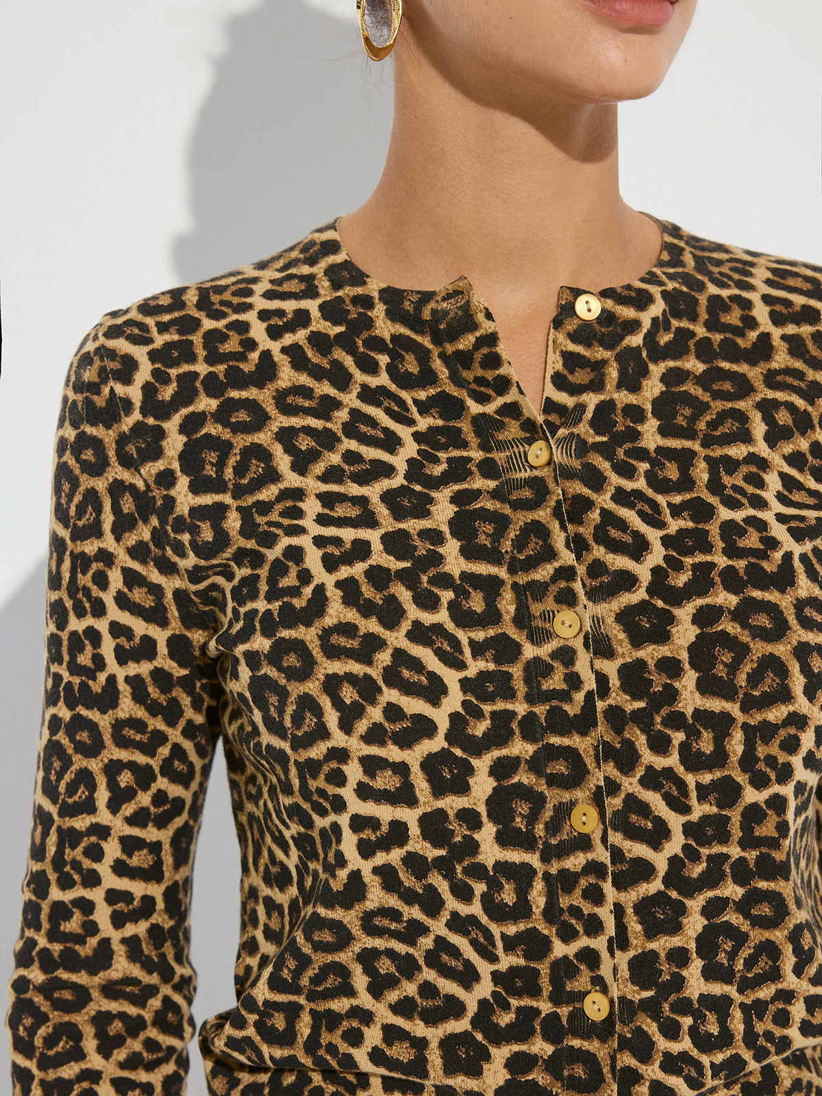 Leopard Print Long Sleeve Knit Cardigan with Pockets and Button Closure