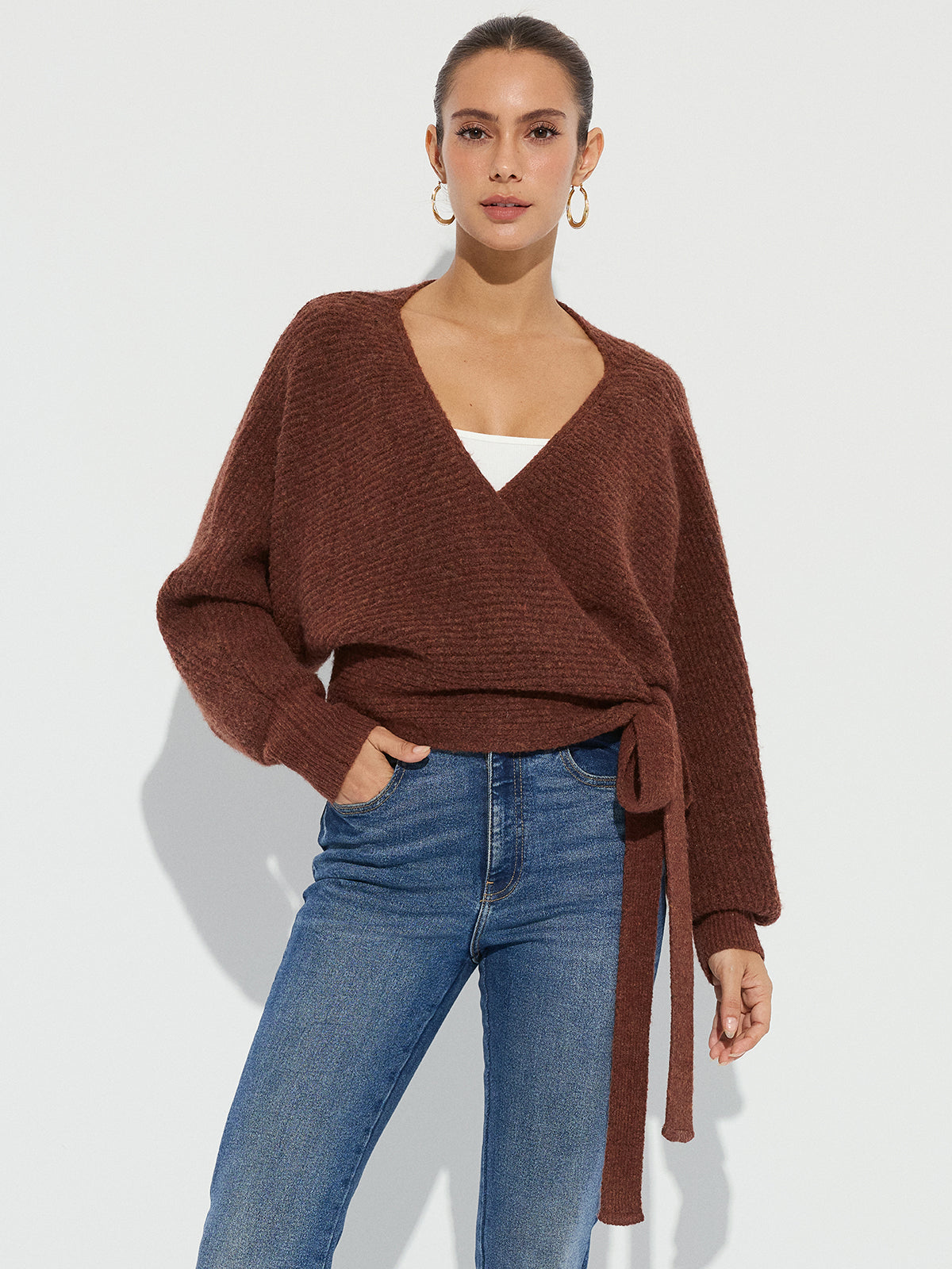 Wool Blend V-Neck Wrap Knit Top for Women, Cozy Long Sleeve