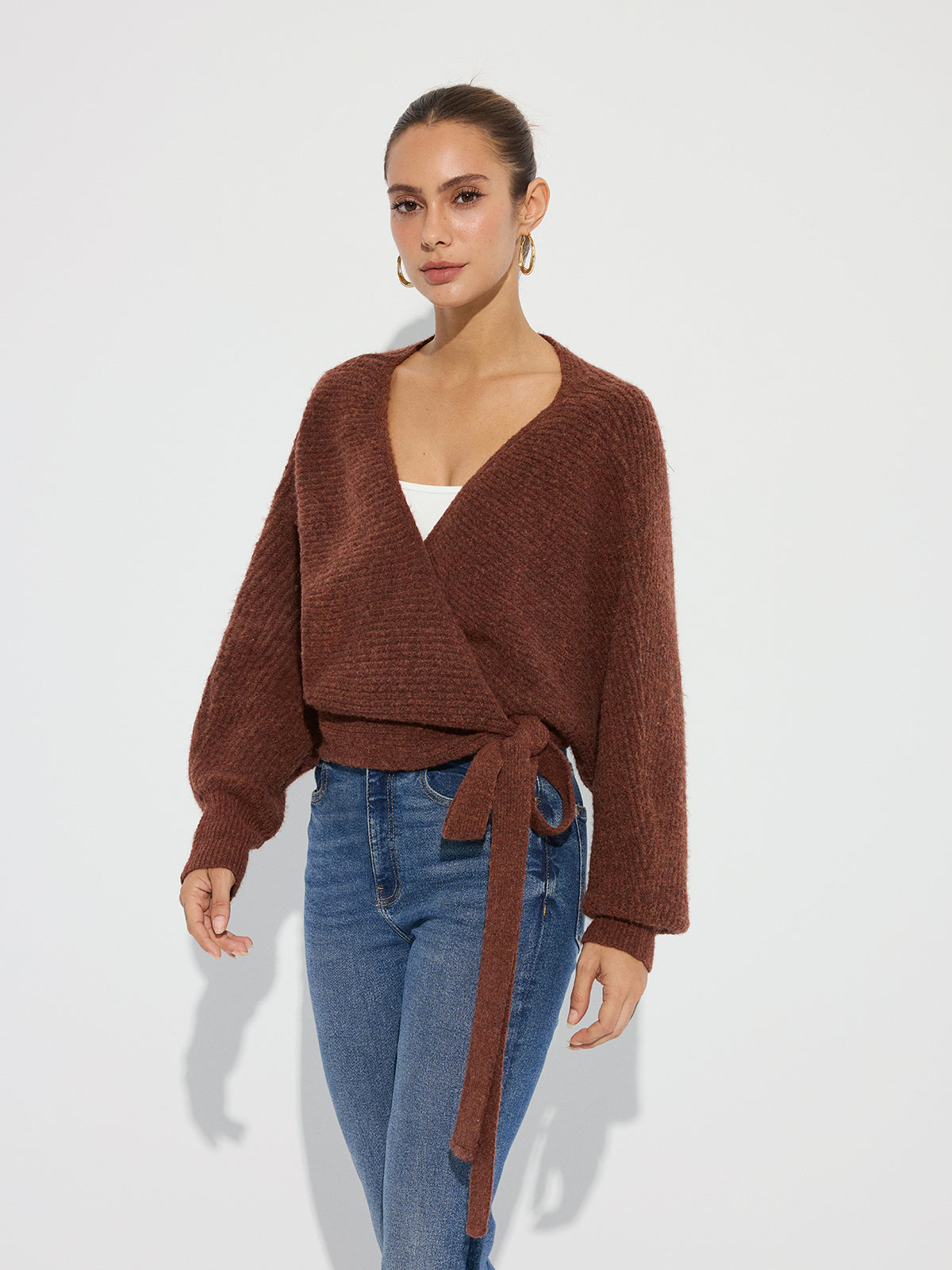 Wool Blend V-Neck Wrap Knit Top for Women, Cozy Long Sleeve