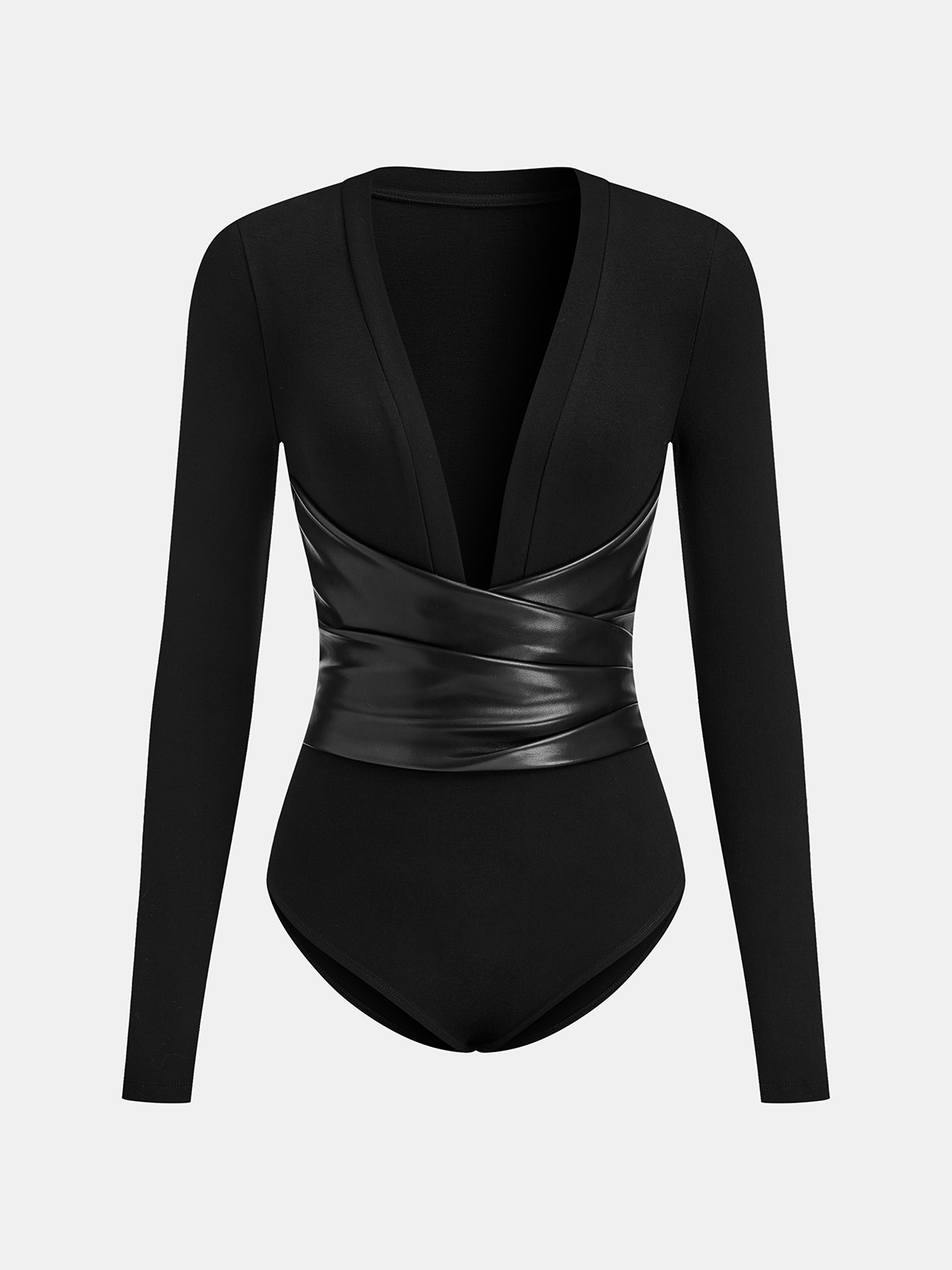 Faux Leather Wrap Waist V-Neck Bodysuit for Women, Trendy Fashion Essential