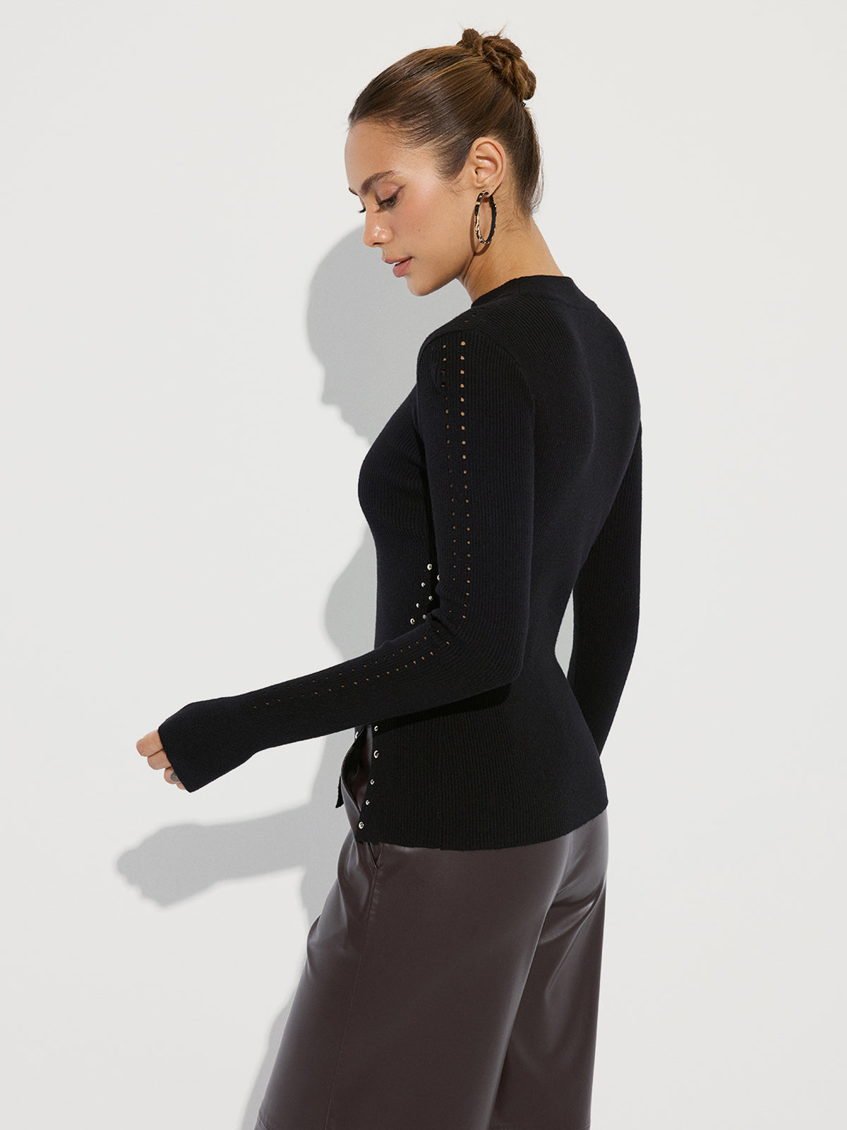 Studded Side Slit Knit Sweater for Women Casual Wear