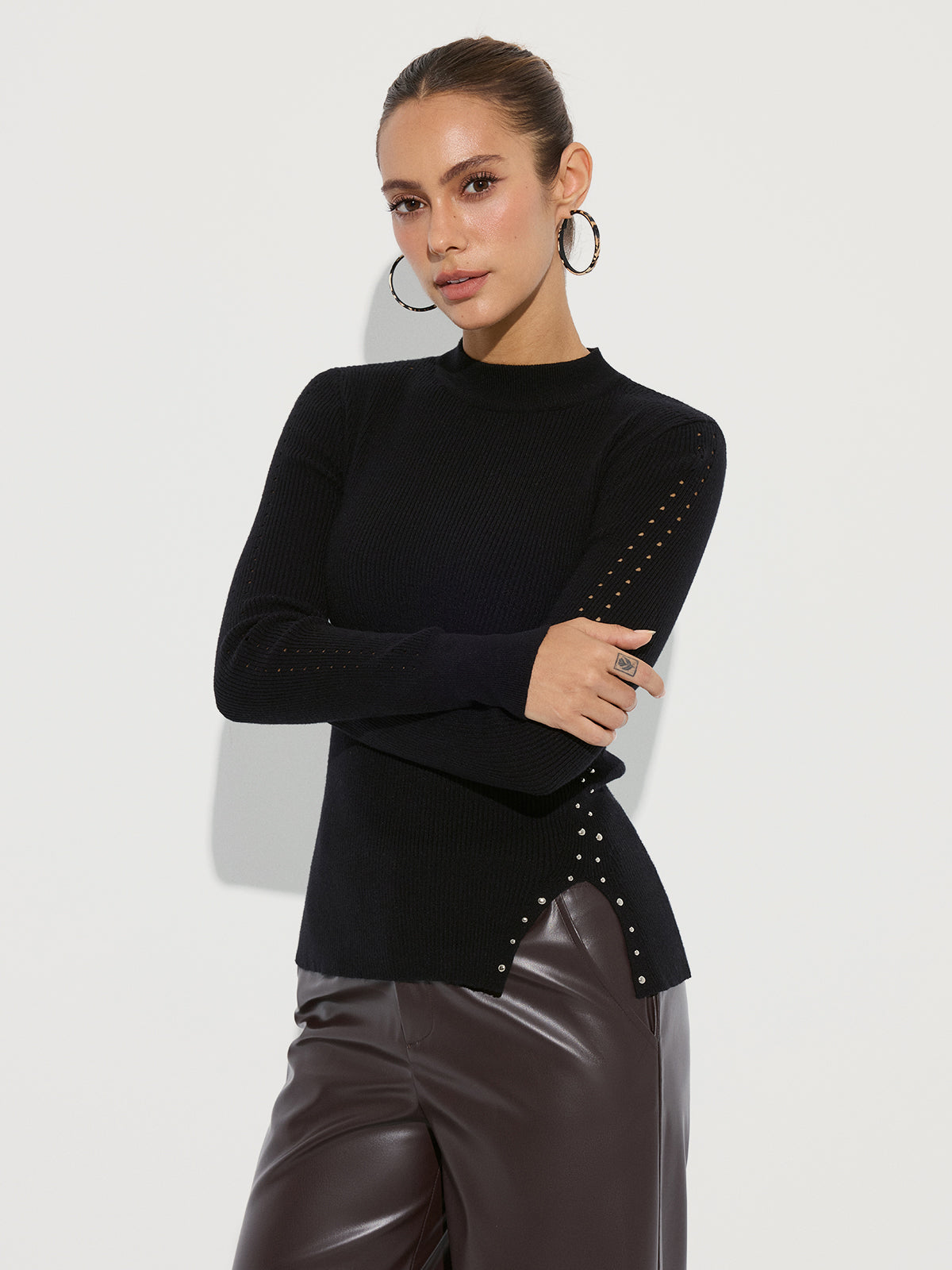 Studded Side Slit Knit Sweater for Women Casual Wear