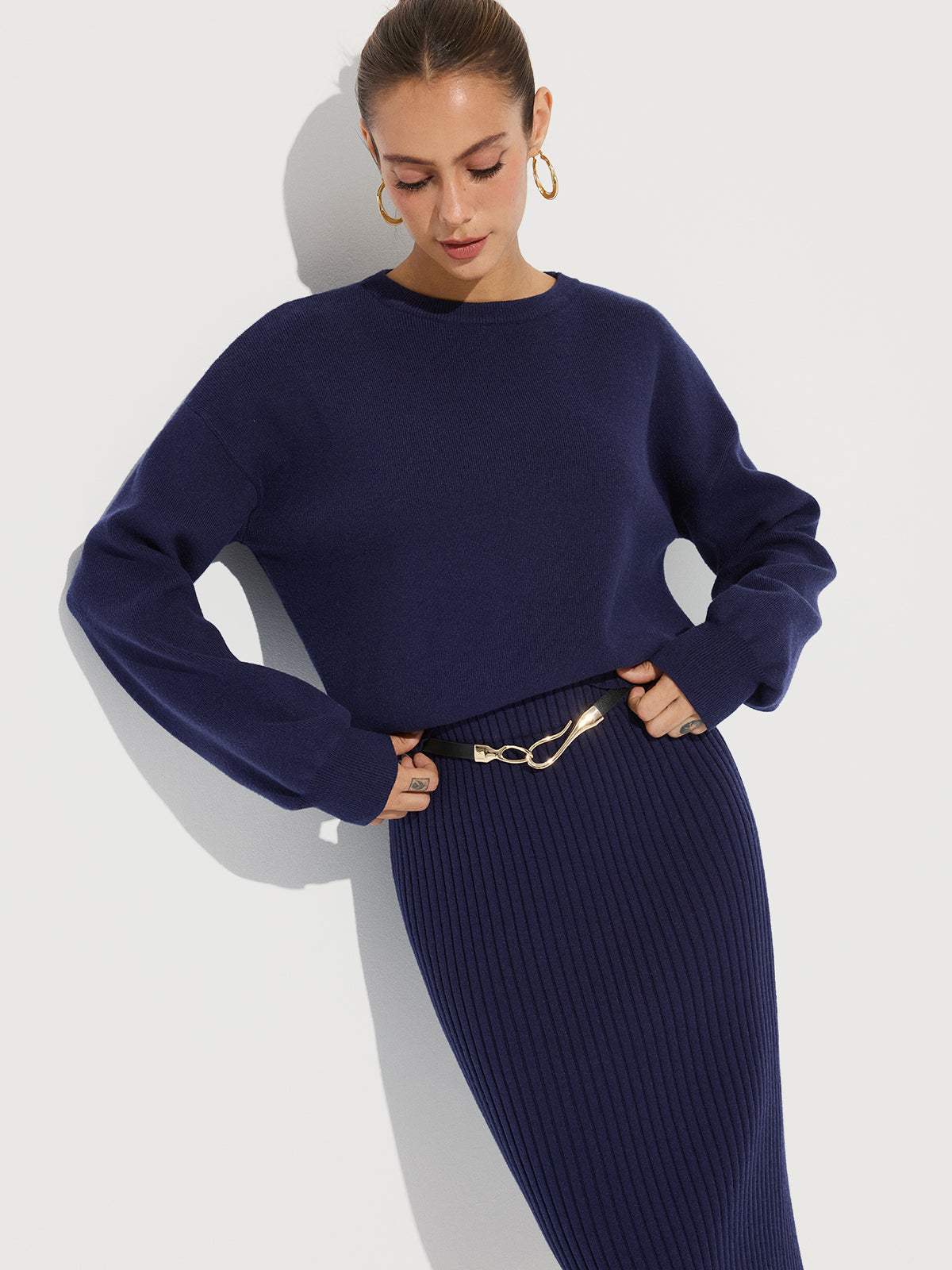 Crew Neck Knit Sweater and Ribbed Midi Skirt for Women