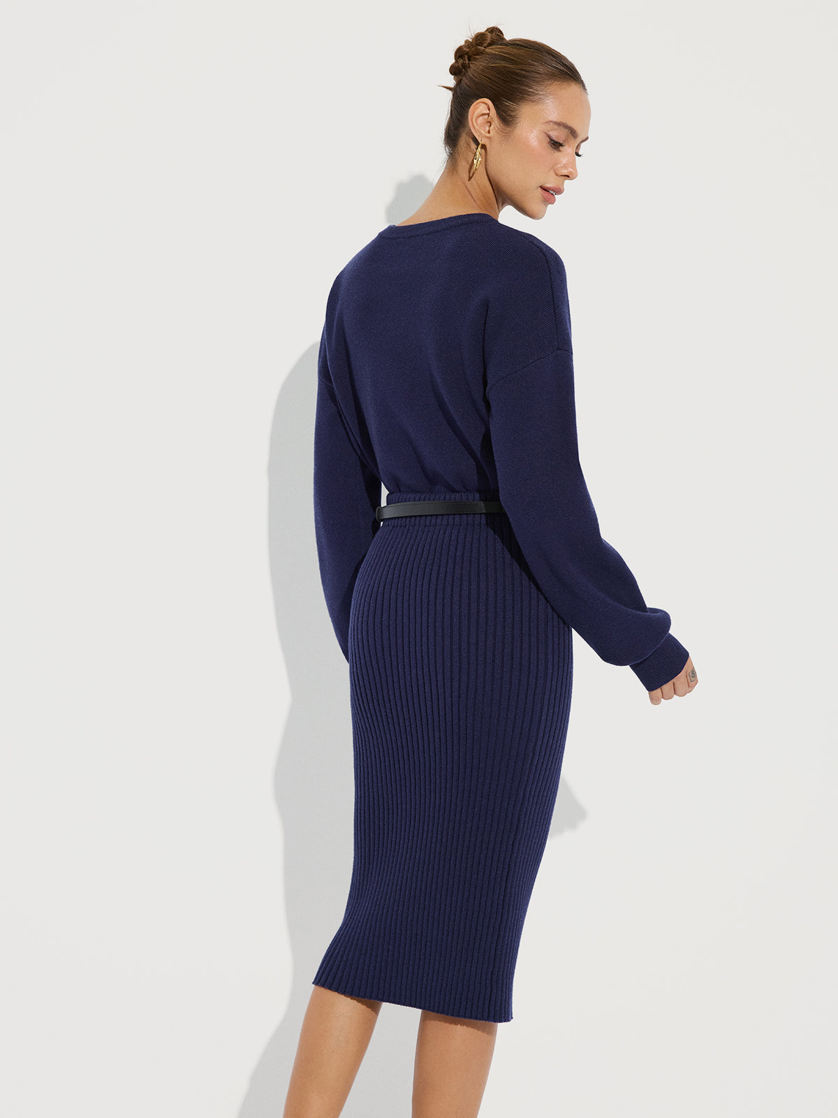 Crew Neck Knit Sweater and Ribbed Midi Skirt for Women