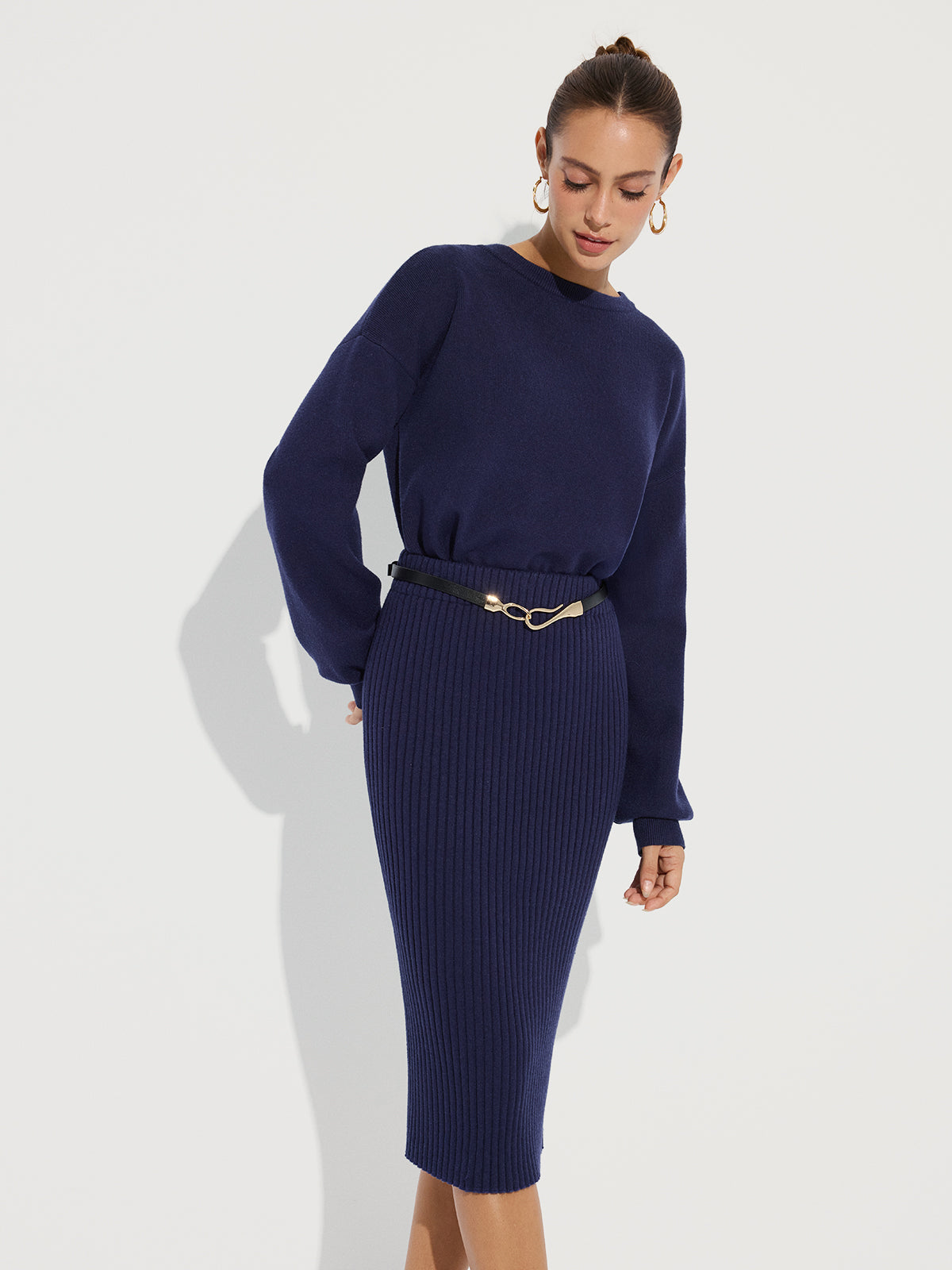Crew Neck Knit Sweater and Ribbed Midi Skirt for Women