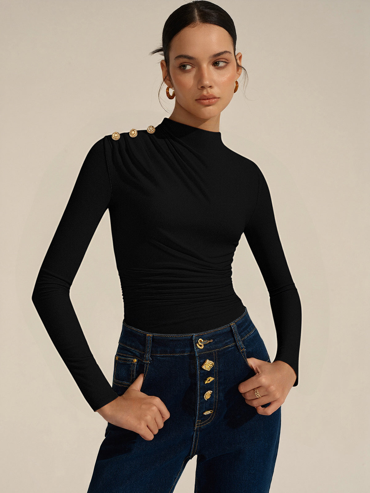 Ruched Shoulder-Decor Long Sleeve Bodysuit Trendy Women's Fashion Essentials