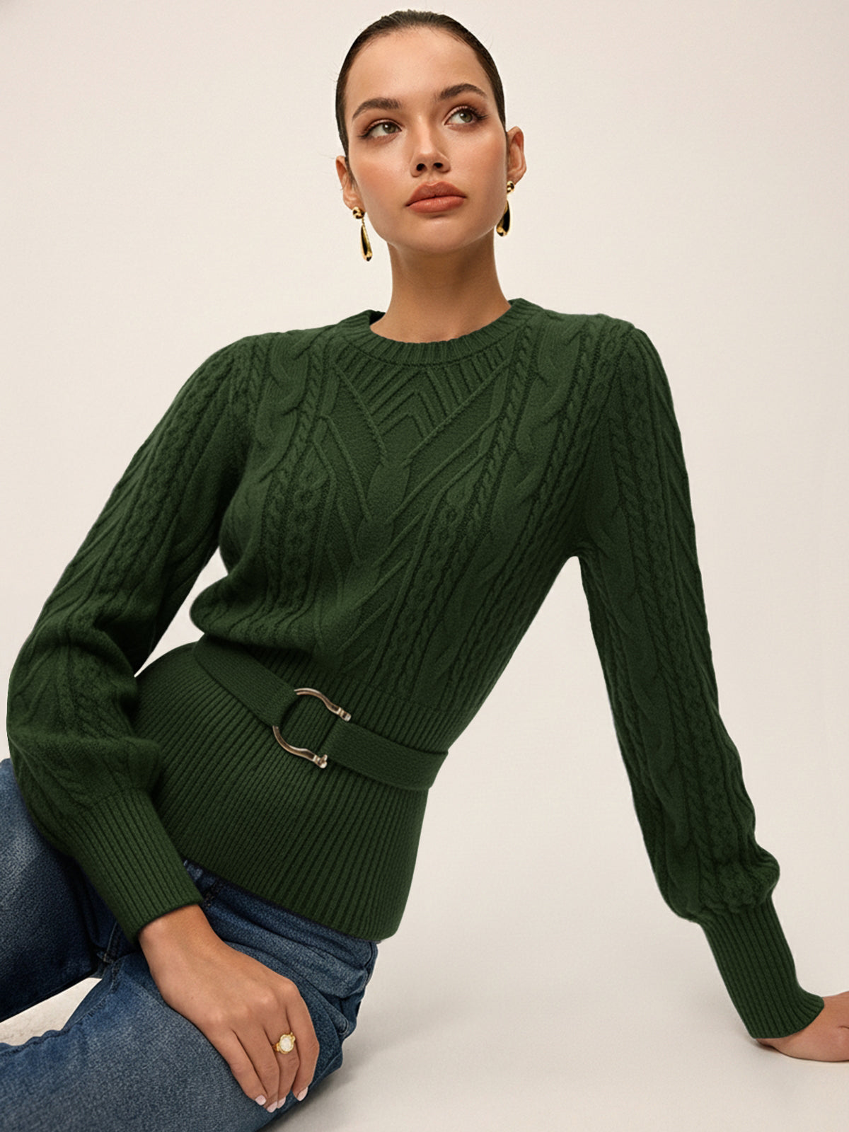 Cinched Waist Belted Cable Knit Top Women's Fashion Essential