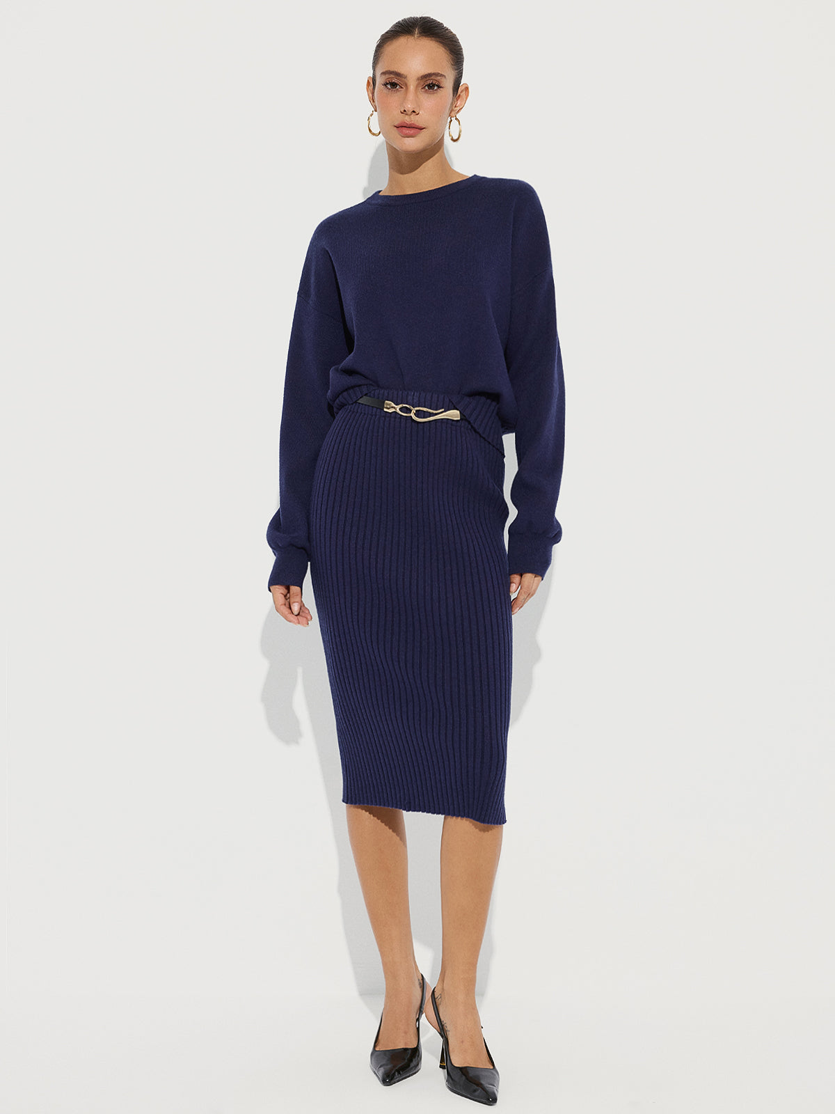 Crew Neck Knit Sweater and Ribbed Midi Skirt for Women