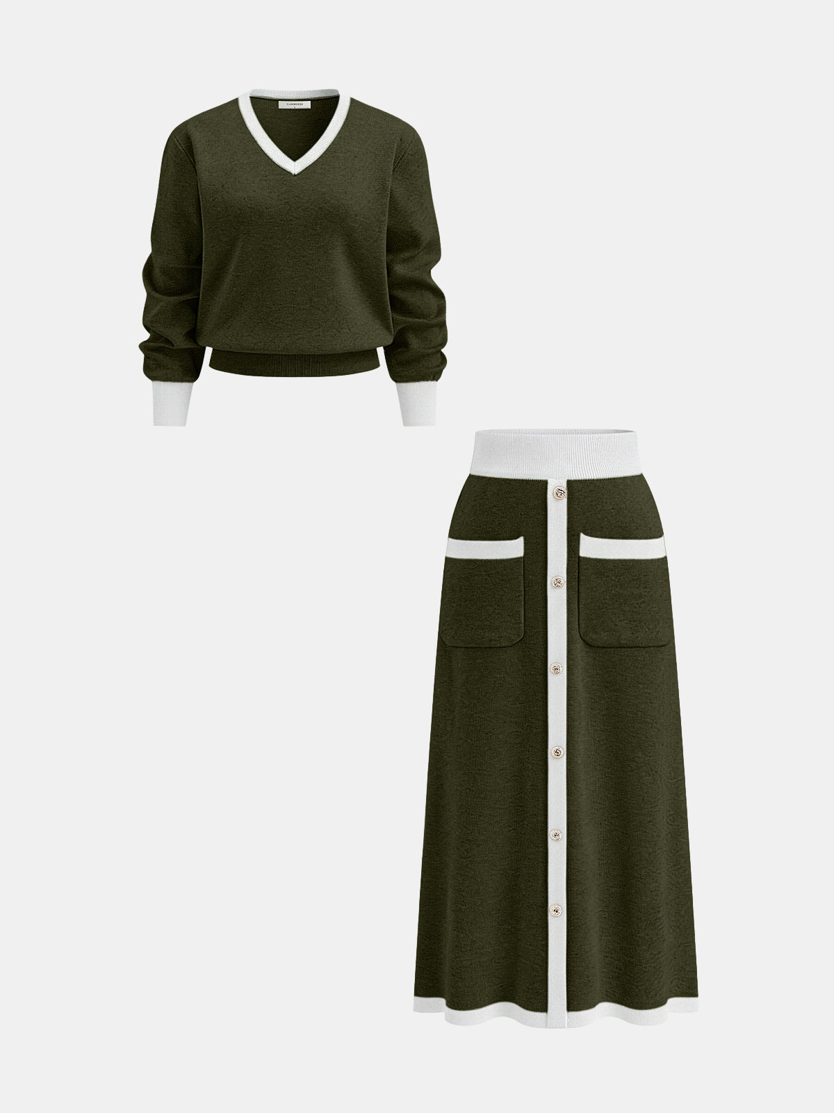 Contrast Trim Knit Top and Midi Skirt Set Women's Fashion Staple