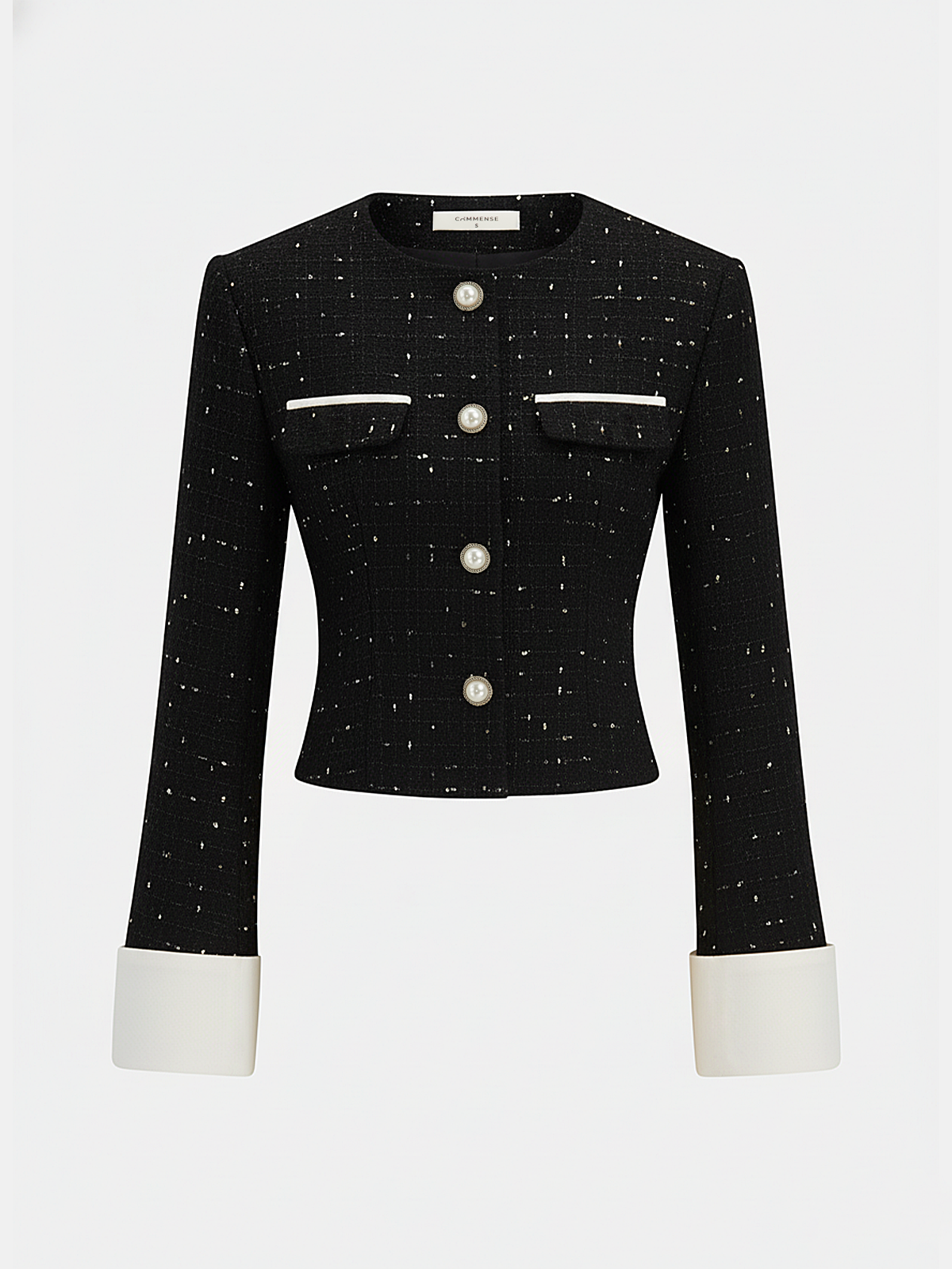 Contrast Cuff Pearl Button Tweed Jacket - Elegant Women's Classic Style Outerwear