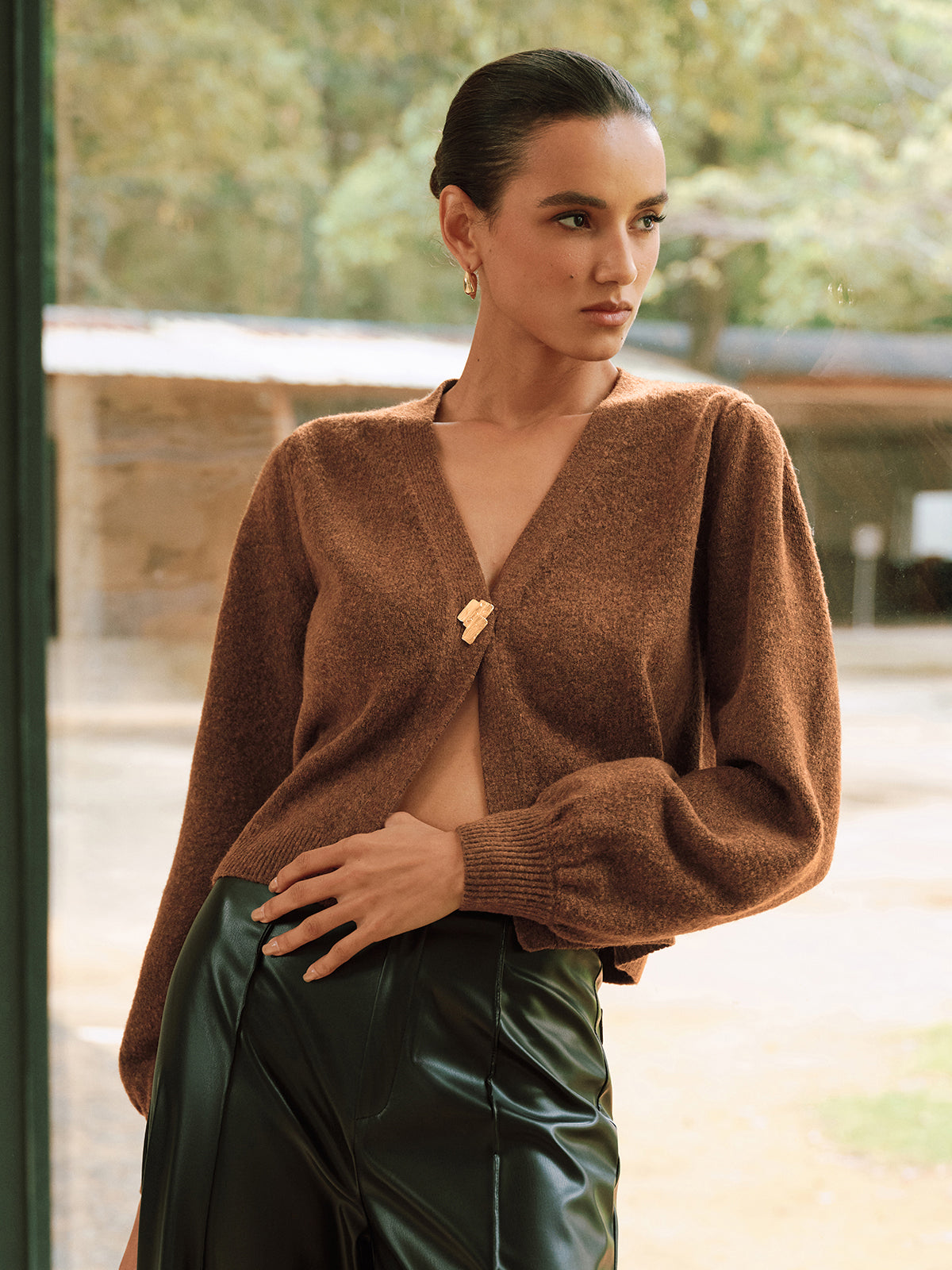 Metal Button V-Neck Knit Cardigan Lightweight Long Sleeve Sweater