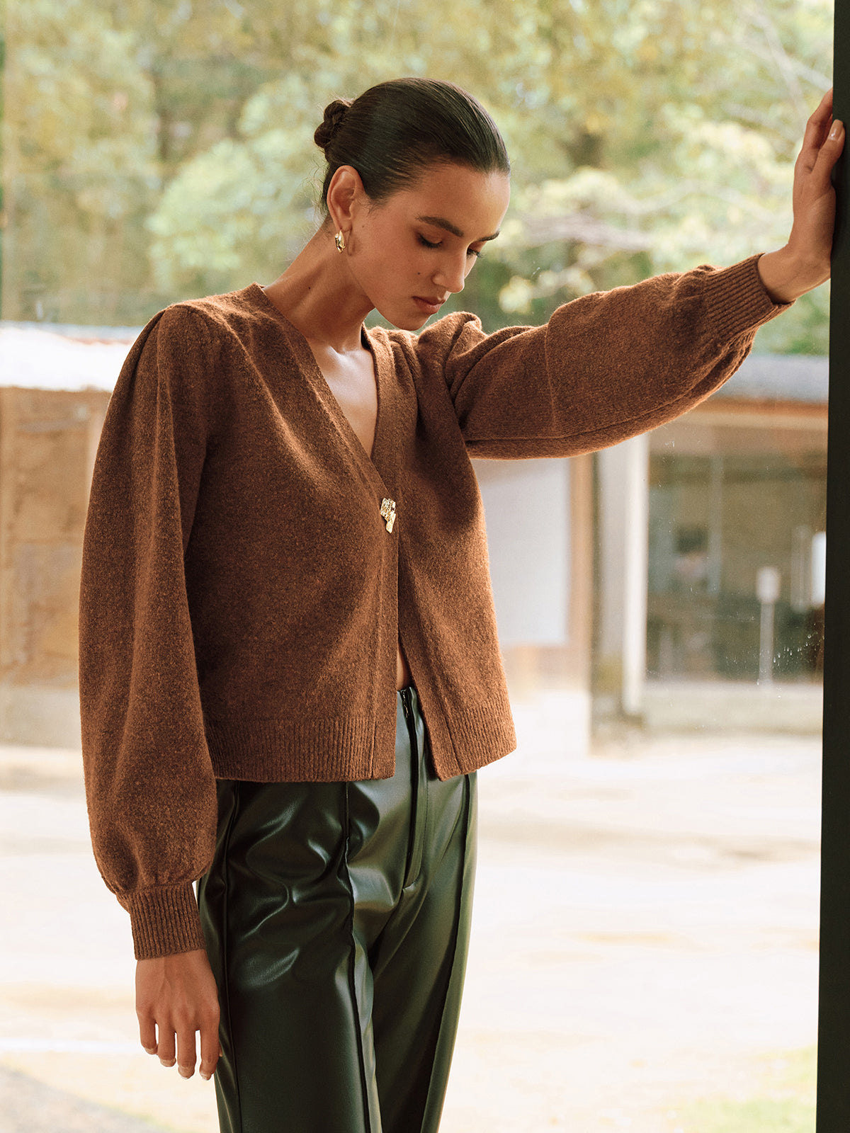 Metal Button V-Neck Knit Cardigan Lightweight Long Sleeve Sweater