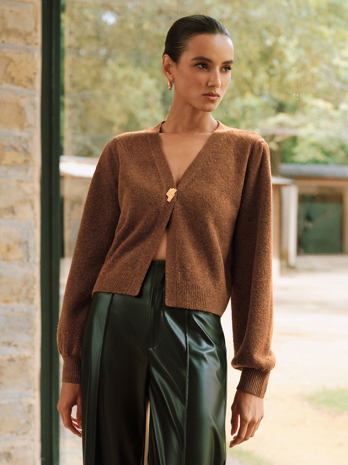 Metal Button V-Neck Knit Cardigan Lightweight Long Sleeve Sweater